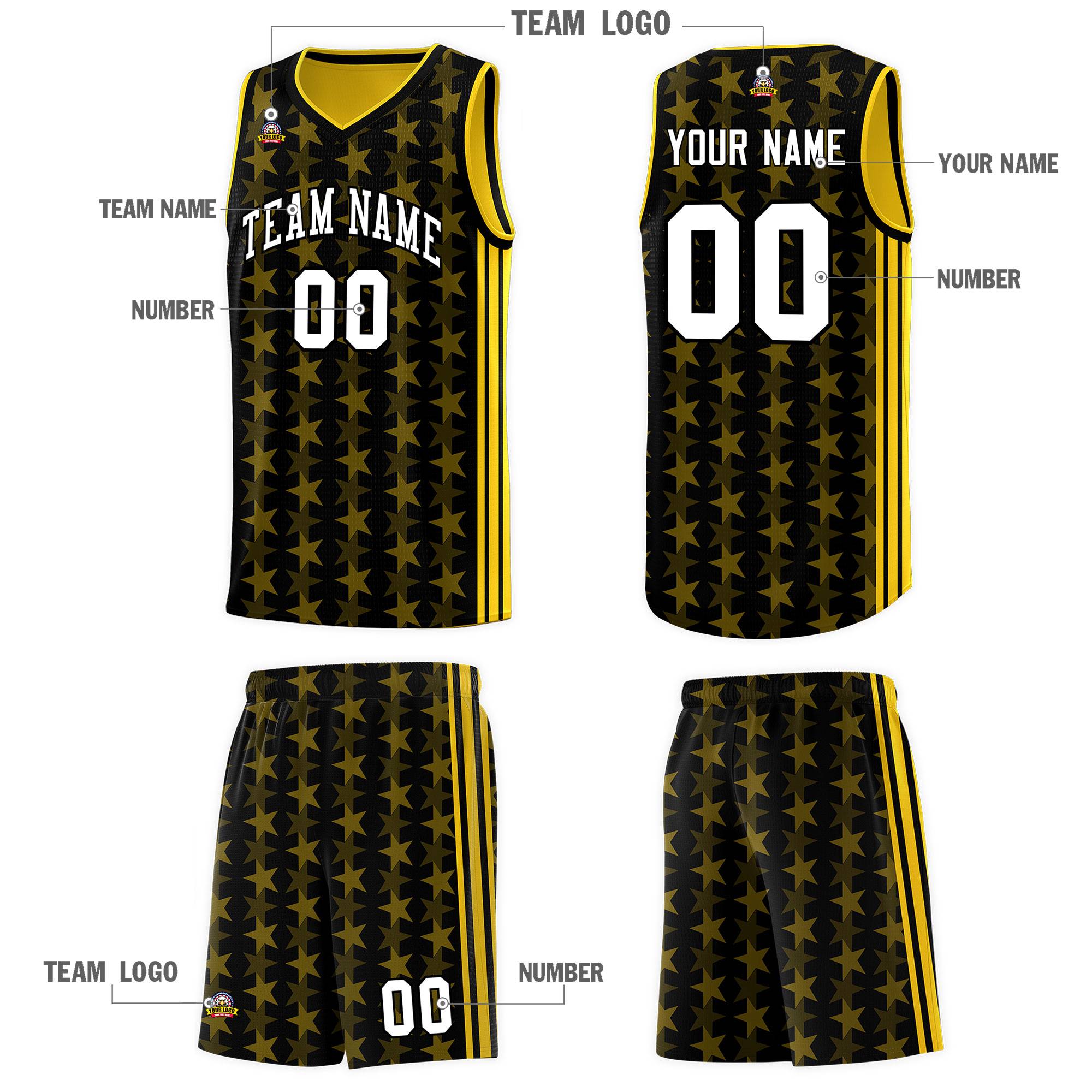 Custom Black Gold Star Graffiti Pattern Sets Sports Uniform Basketball Jersey