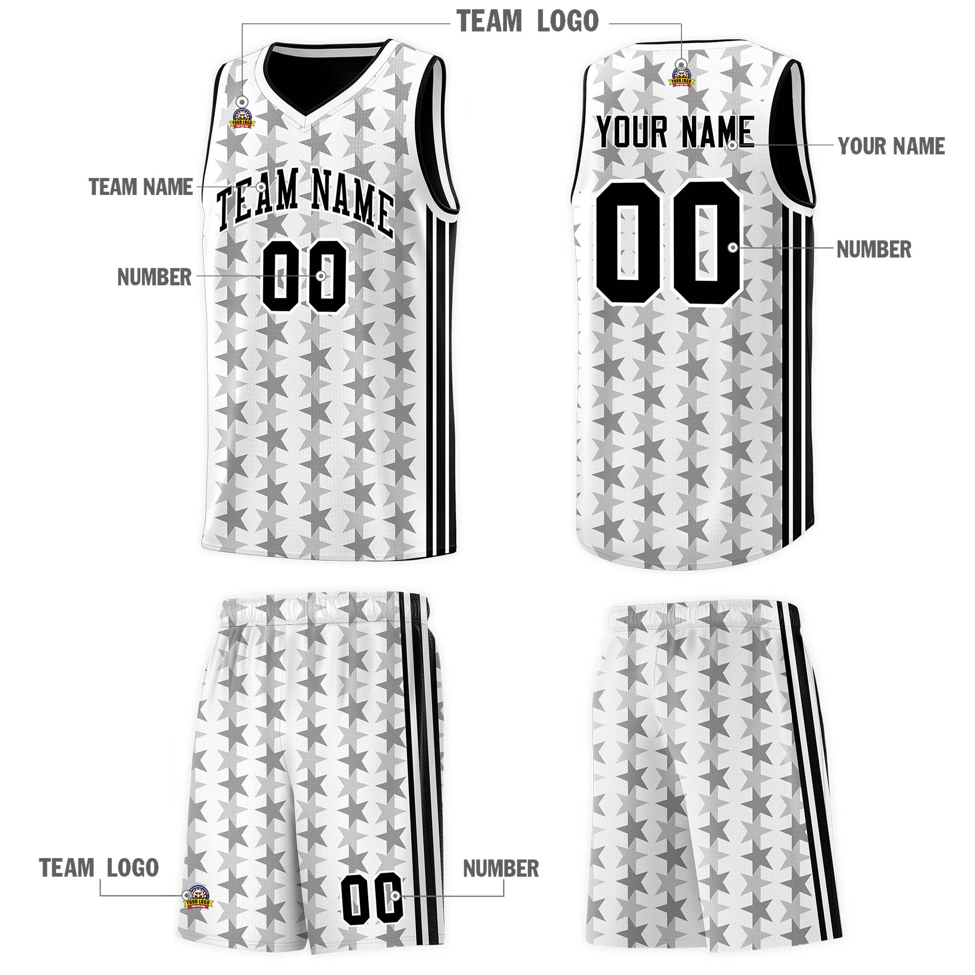 Custom White Black Star Graffiti Pattern Sets Sports Uniform Basketball Jersey