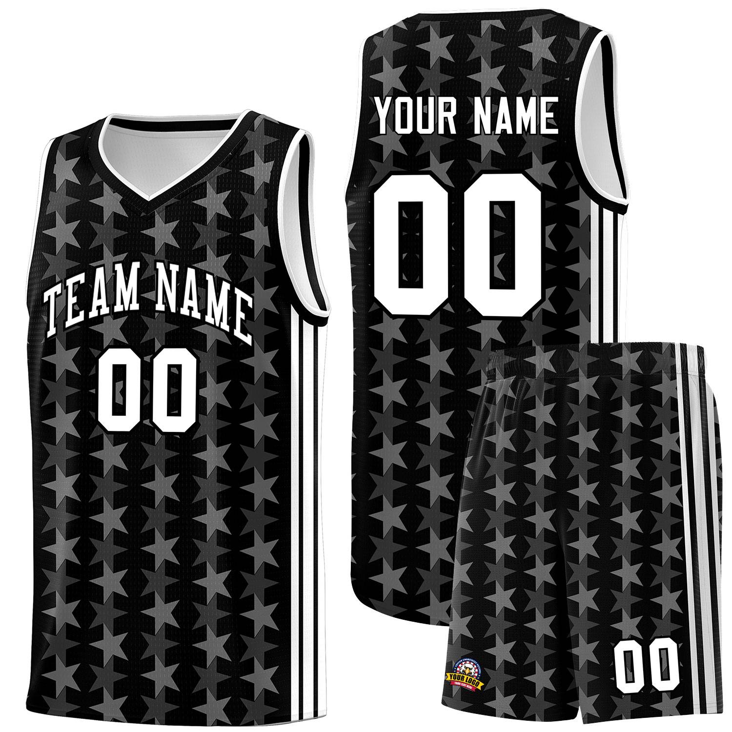 Custom Black White Star Graffiti Pattern Sets Sports Uniform Basketball Jersey