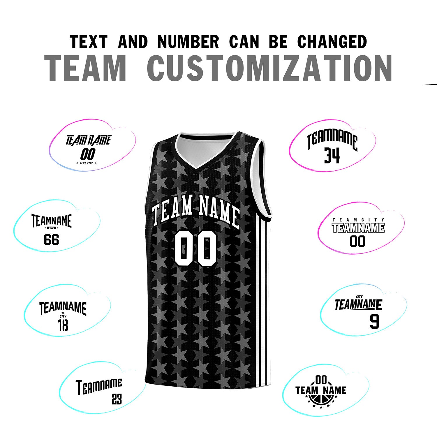 Custom Black White Star Graffiti Pattern Sets Sports Uniform Basketball Jersey