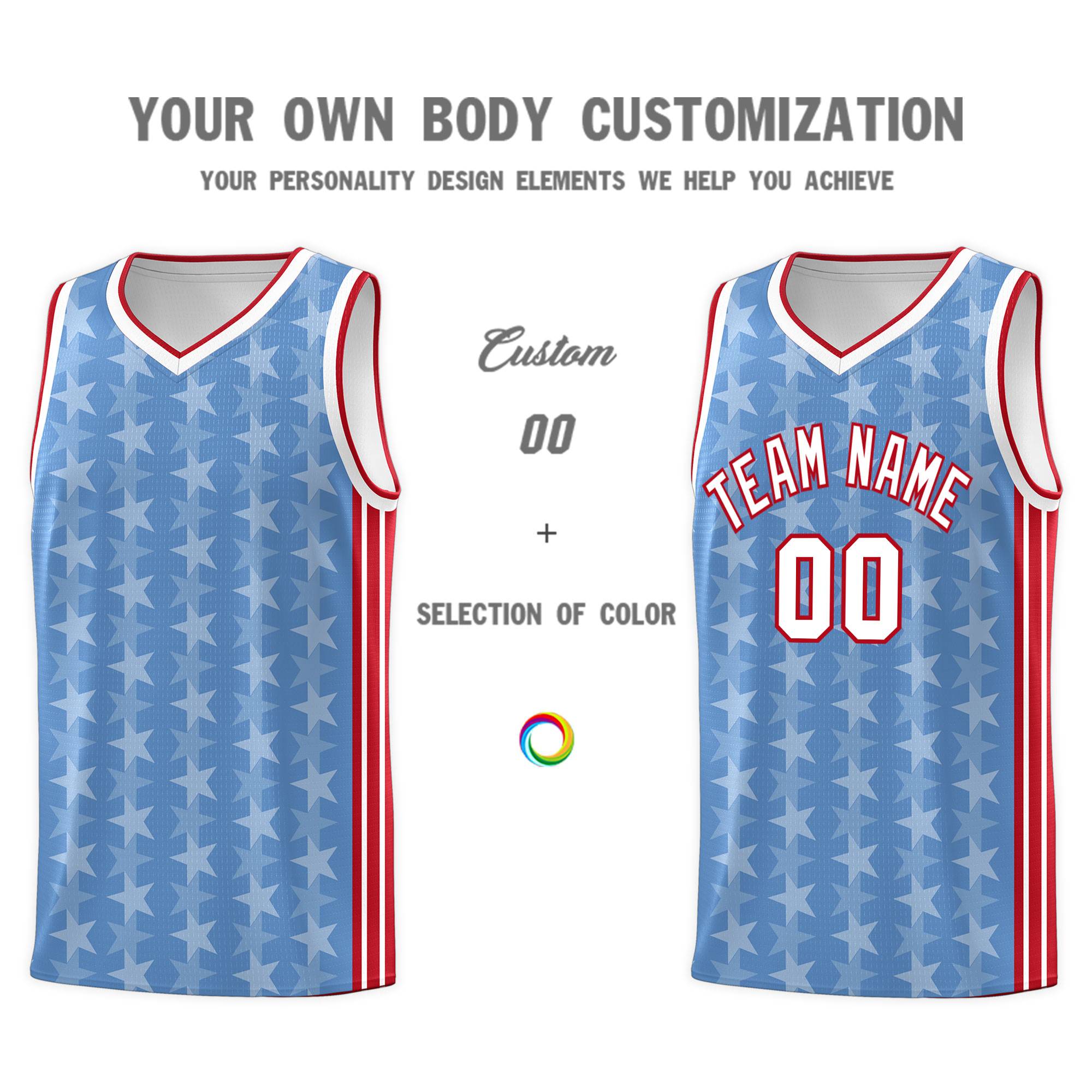 Custom Light Blue White Star Graffiti Pattern Sets Sports Uniform Basketball Jersey