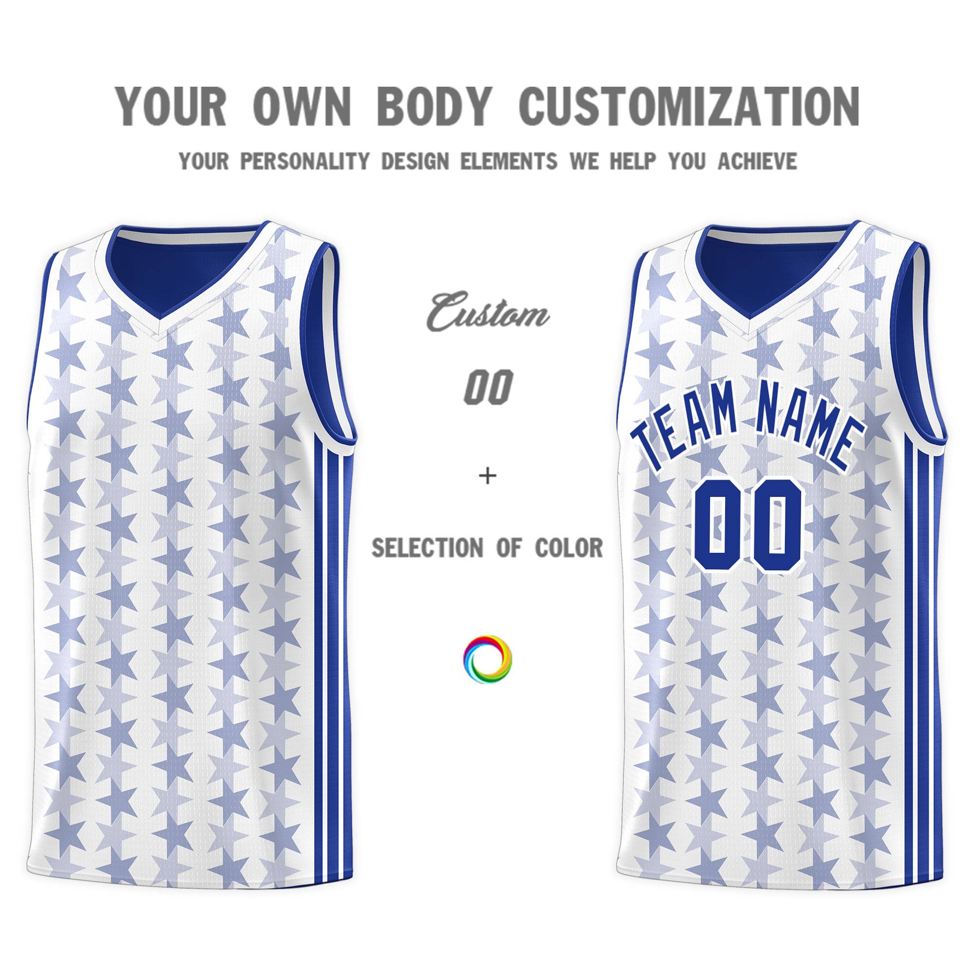 Custom White Royal Star Graffiti Pattern Sets Sports Uniform Basketball Jersey