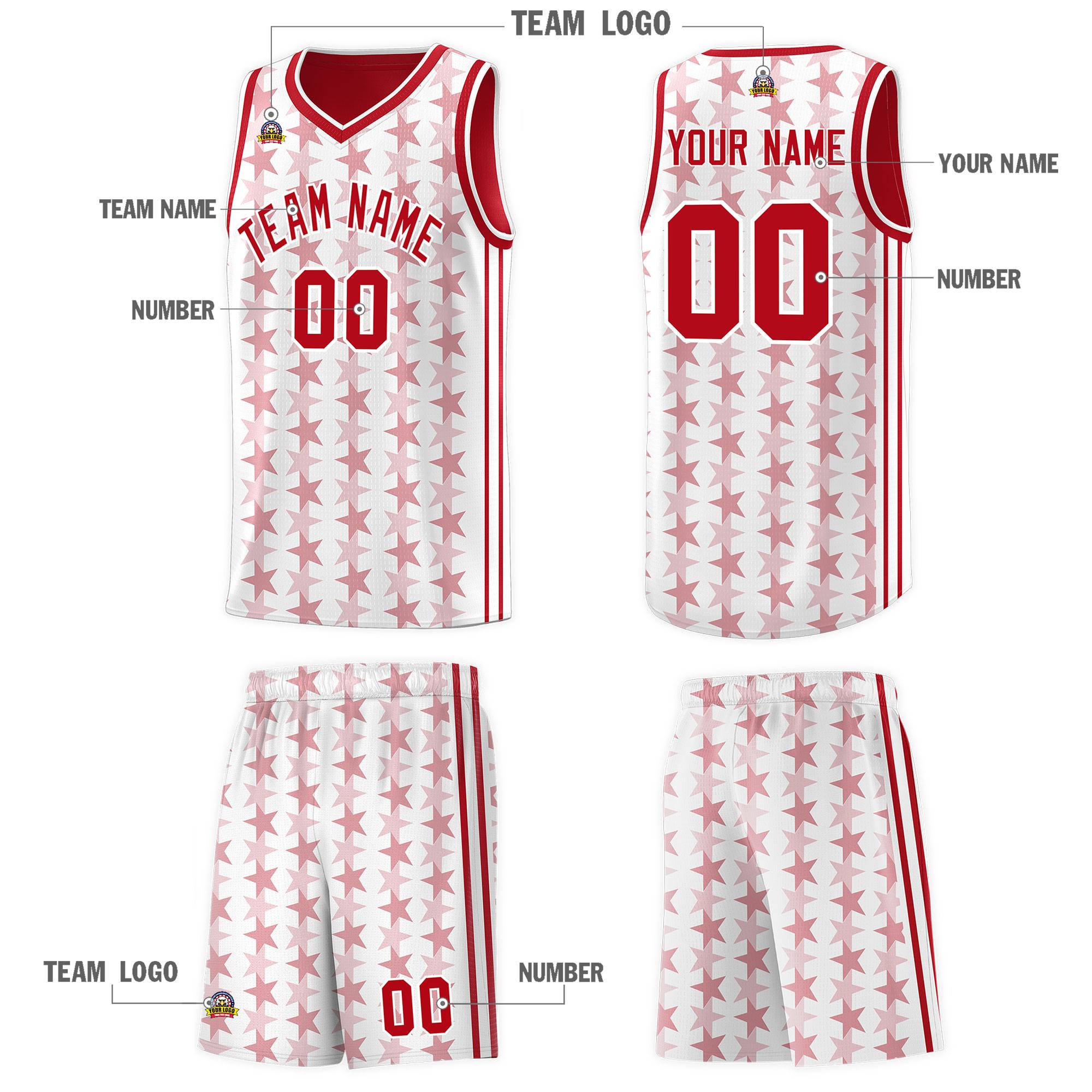 Custom White Red Star Graffiti Pattern Sets Sports Uniform Basketball Jersey