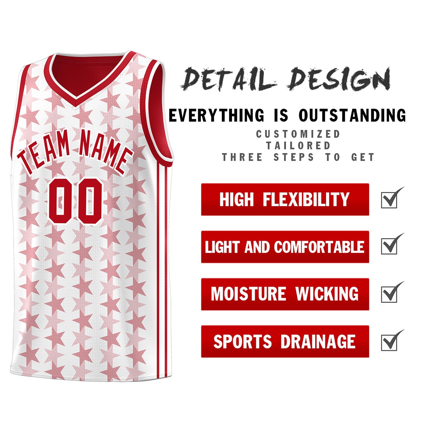 Custom White Red Star Graffiti Pattern Sets Sports Uniform Basketball Jersey