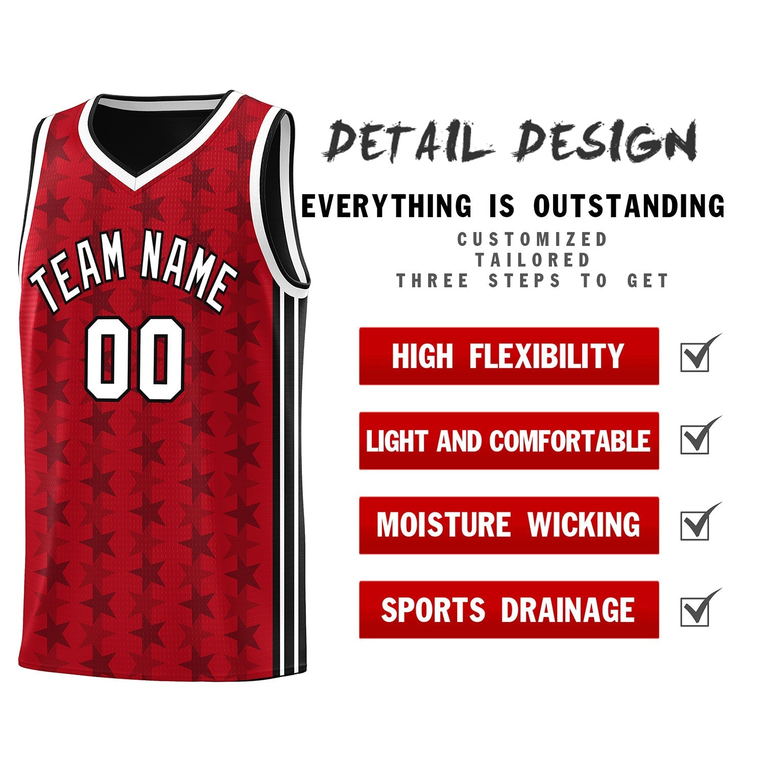 Custom Red Black Star Graffiti Pattern Sets Sports Uniform Basketball Jersey