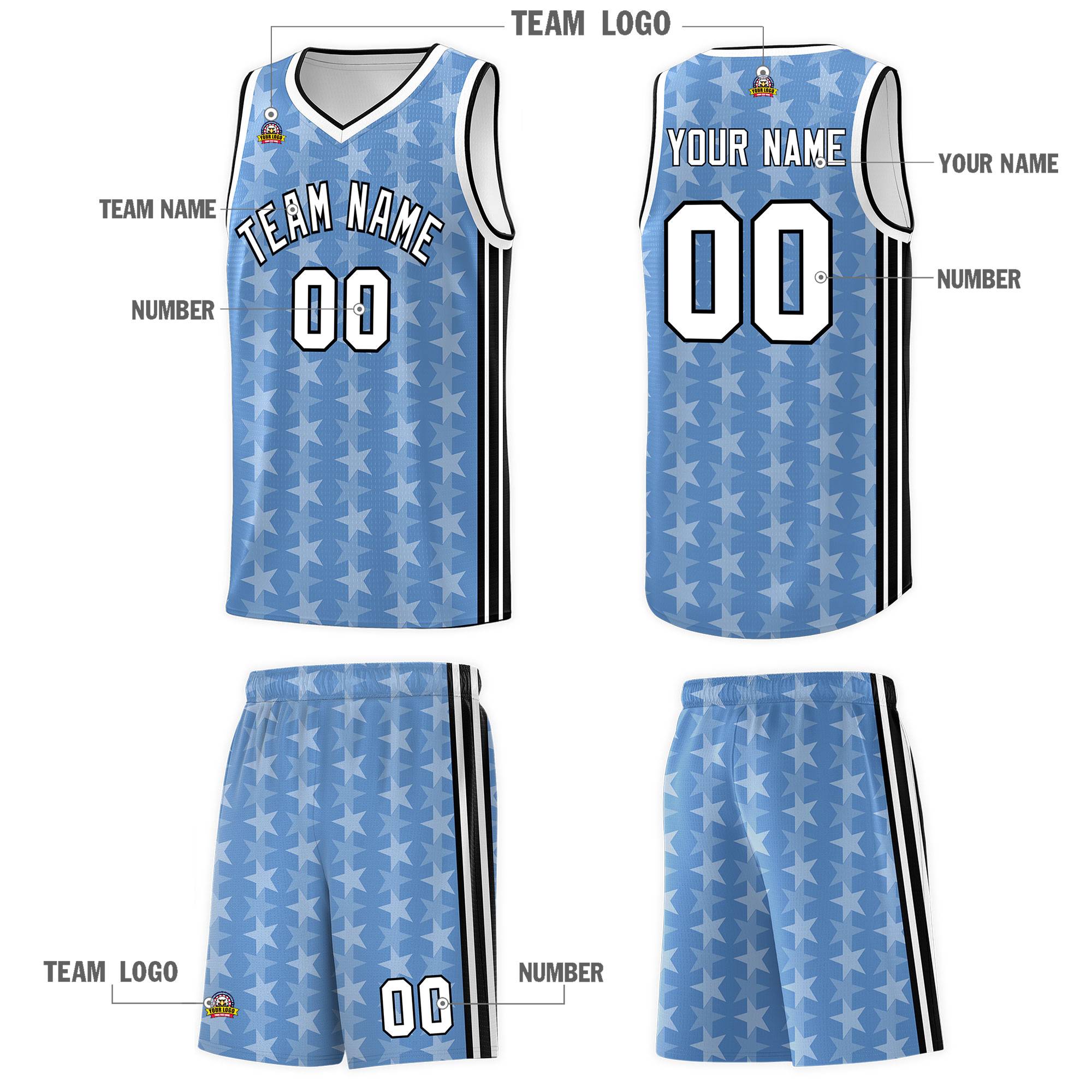 Custom Light Blue White Star Graffiti Pattern Sets Sports Uniform Basketball Jersey