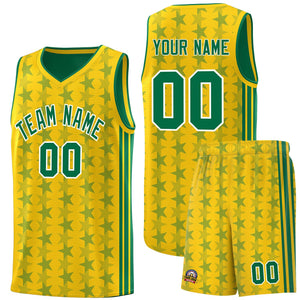 Custom Gold Kelly Green Star Graffiti Pattern Sets Sports Uniform Basketball Jersey