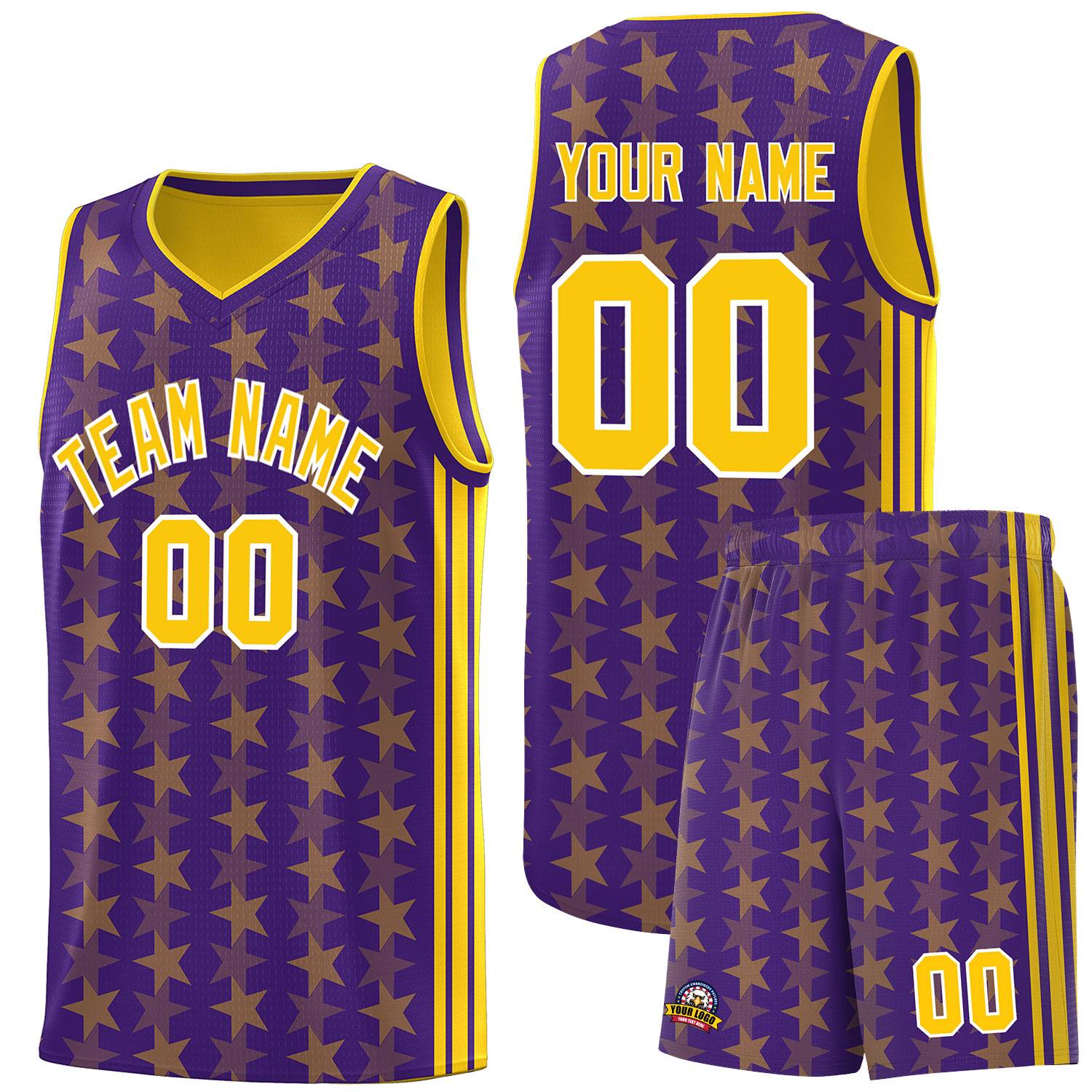 Custom Purple Gold Star Graffiti Pattern Sets Sports Uniform Basketball Jersey