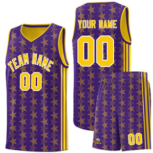 Custom Purple Gold Star Graffiti Pattern Sets Sports Uniform Basketball Jersey