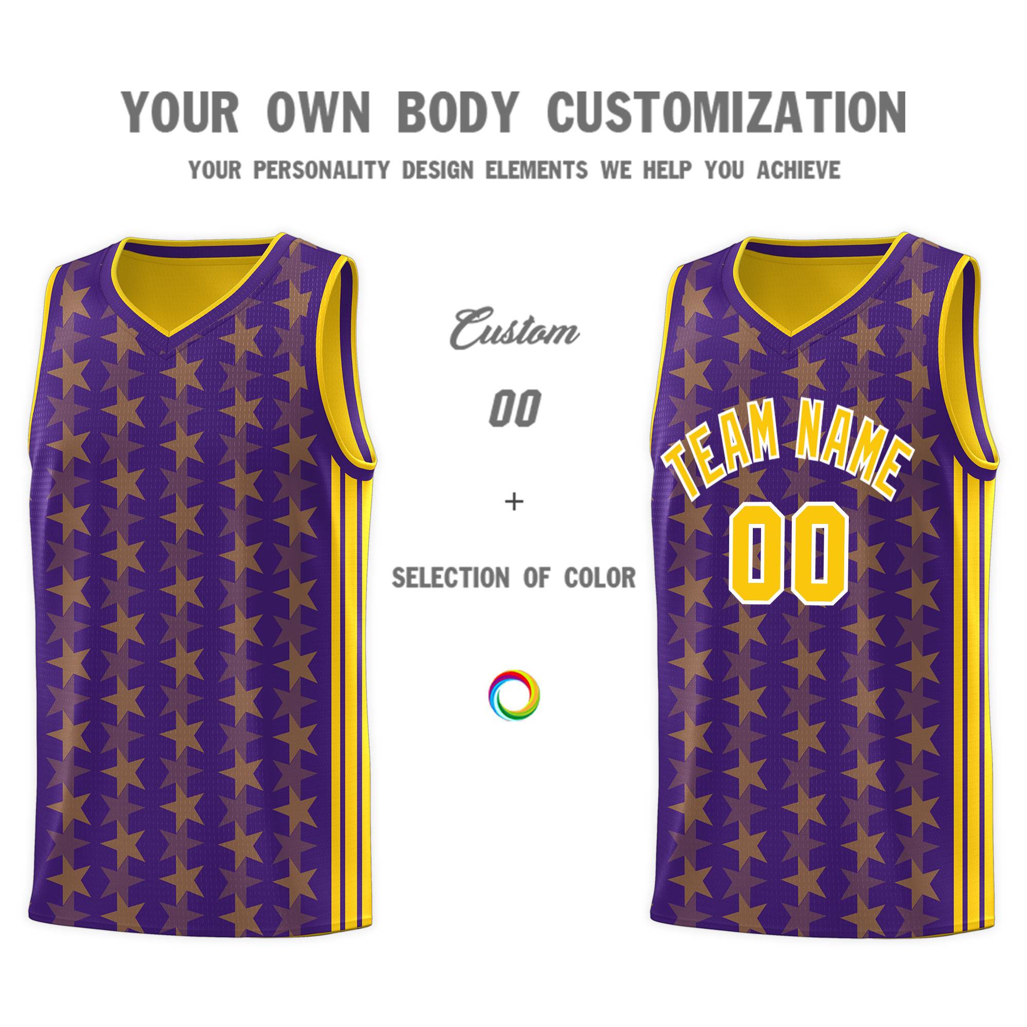 Custom Purple Gold Star Graffiti Pattern Sets Sports Uniform Basketball Jersey