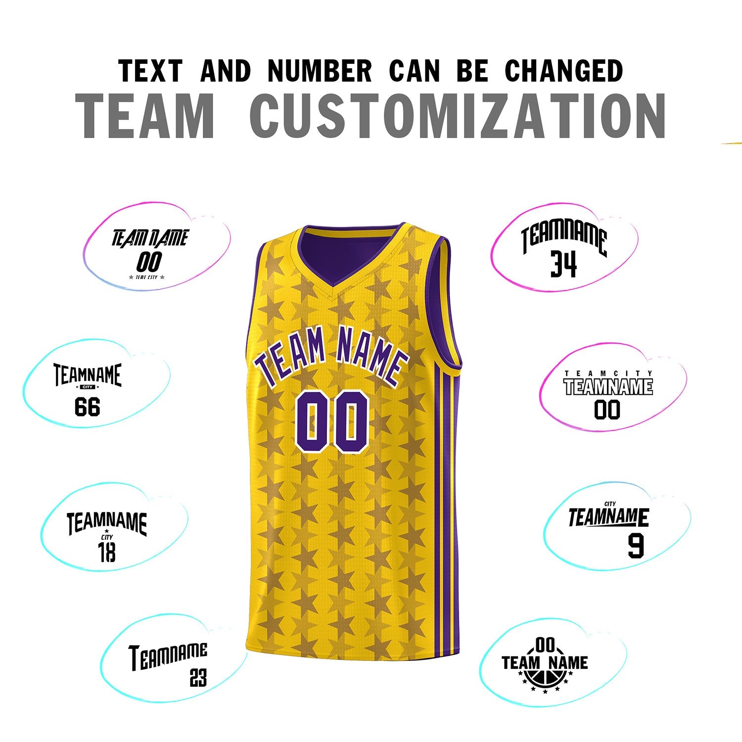 Custom Gold Purple Star Graffiti Pattern Sets Sports Uniform Basketball Jersey