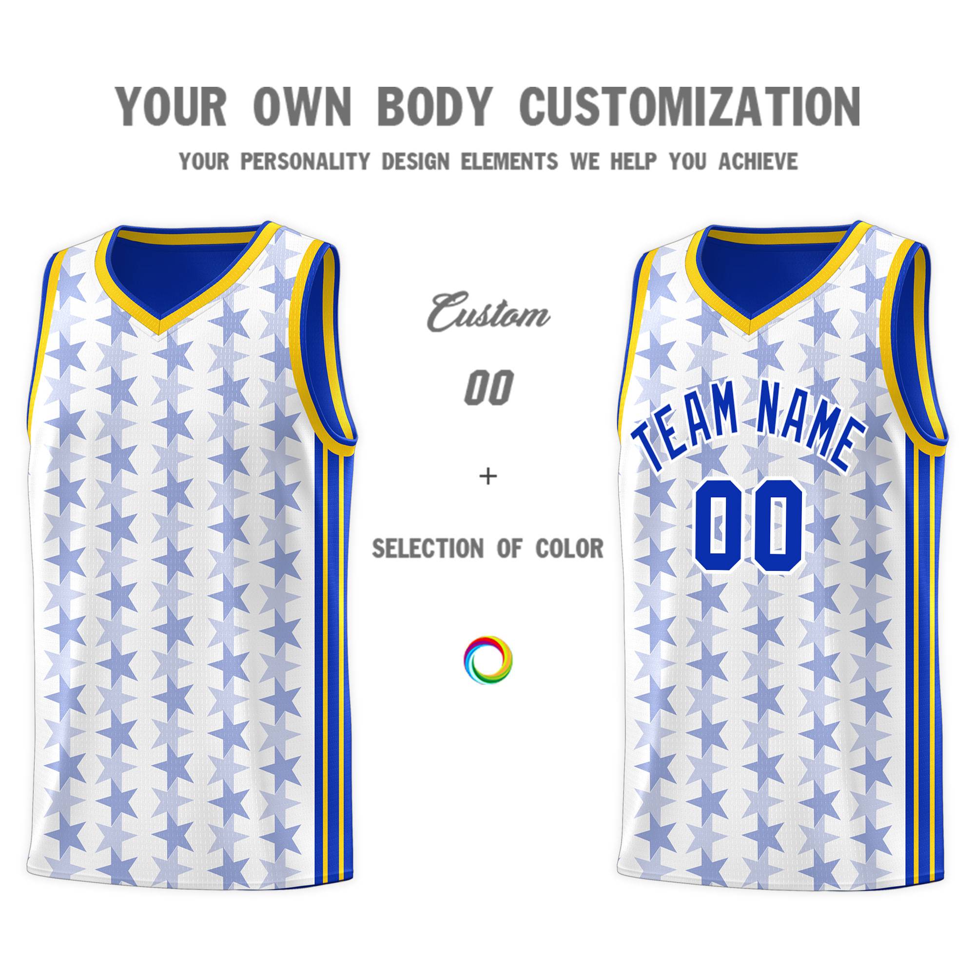 Custom White Royal Star Graffiti Pattern Sets Sports Uniform Basketball Jersey