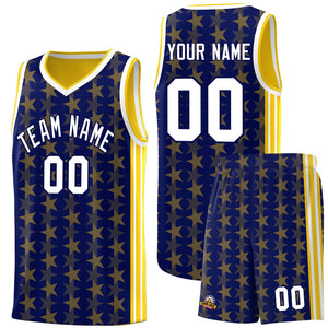 Custom Navy Gold Star Graffiti Pattern Sets Sports Uniform Basketball Jersey