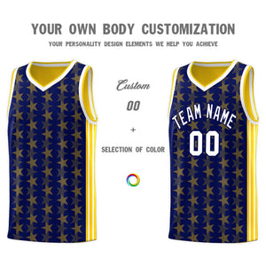 Custom Navy Gold Star Graffiti Pattern Sets Sports Uniform Basketball Jersey