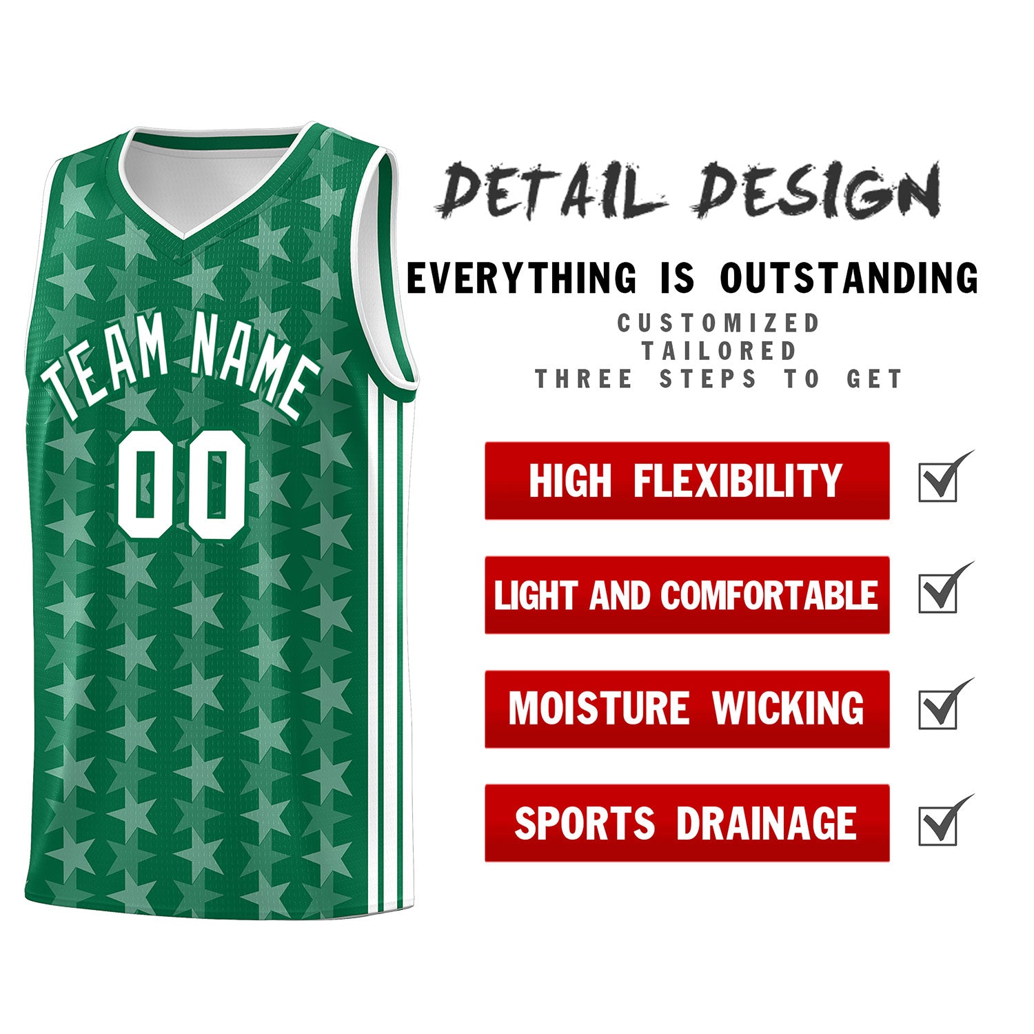 Custom Kelly Green White Star Graffiti Pattern Sets Sports Uniform Basketball Jersey