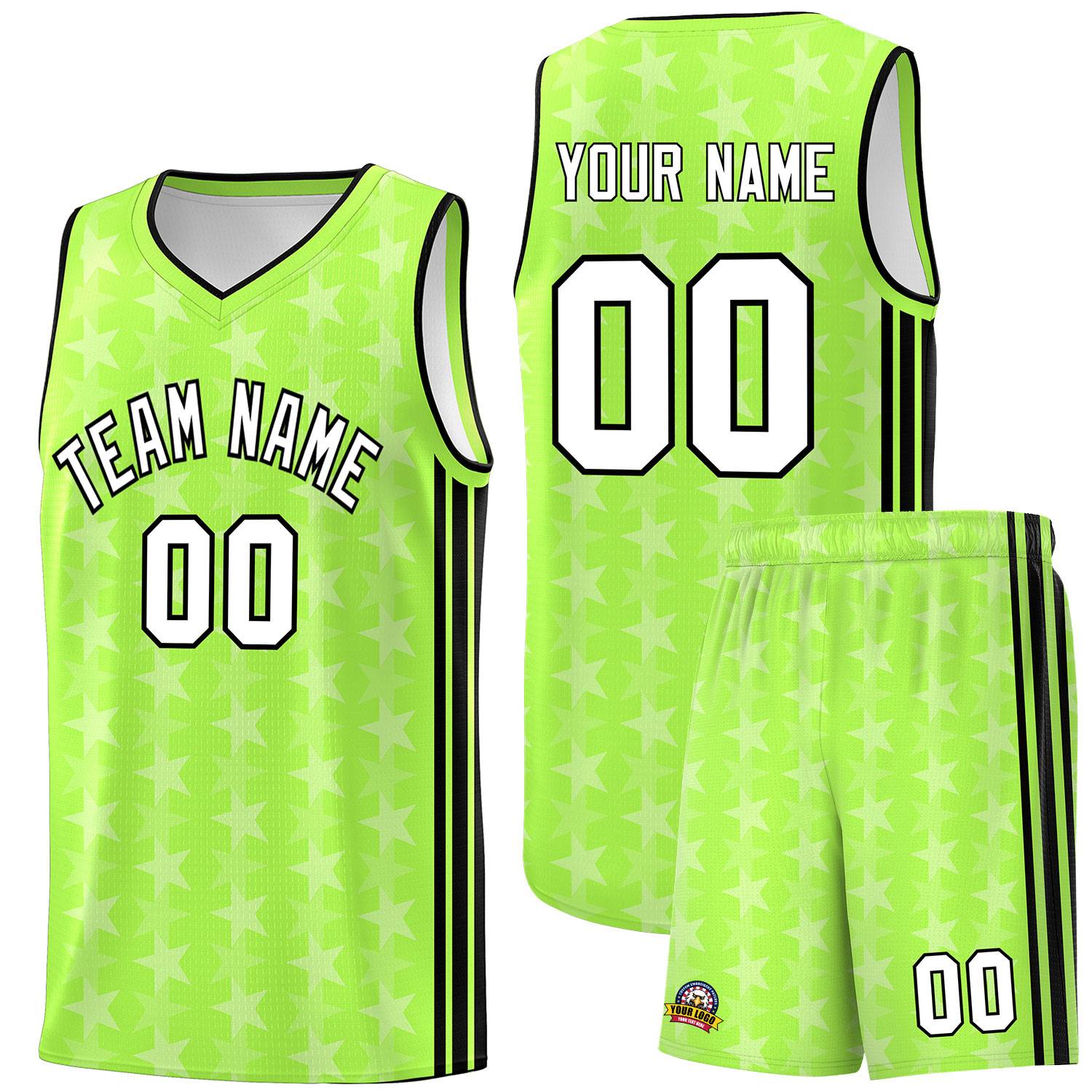 Custom Neon Green White Star Graffiti Pattern Sets Sports Uniform Basketball Jersey