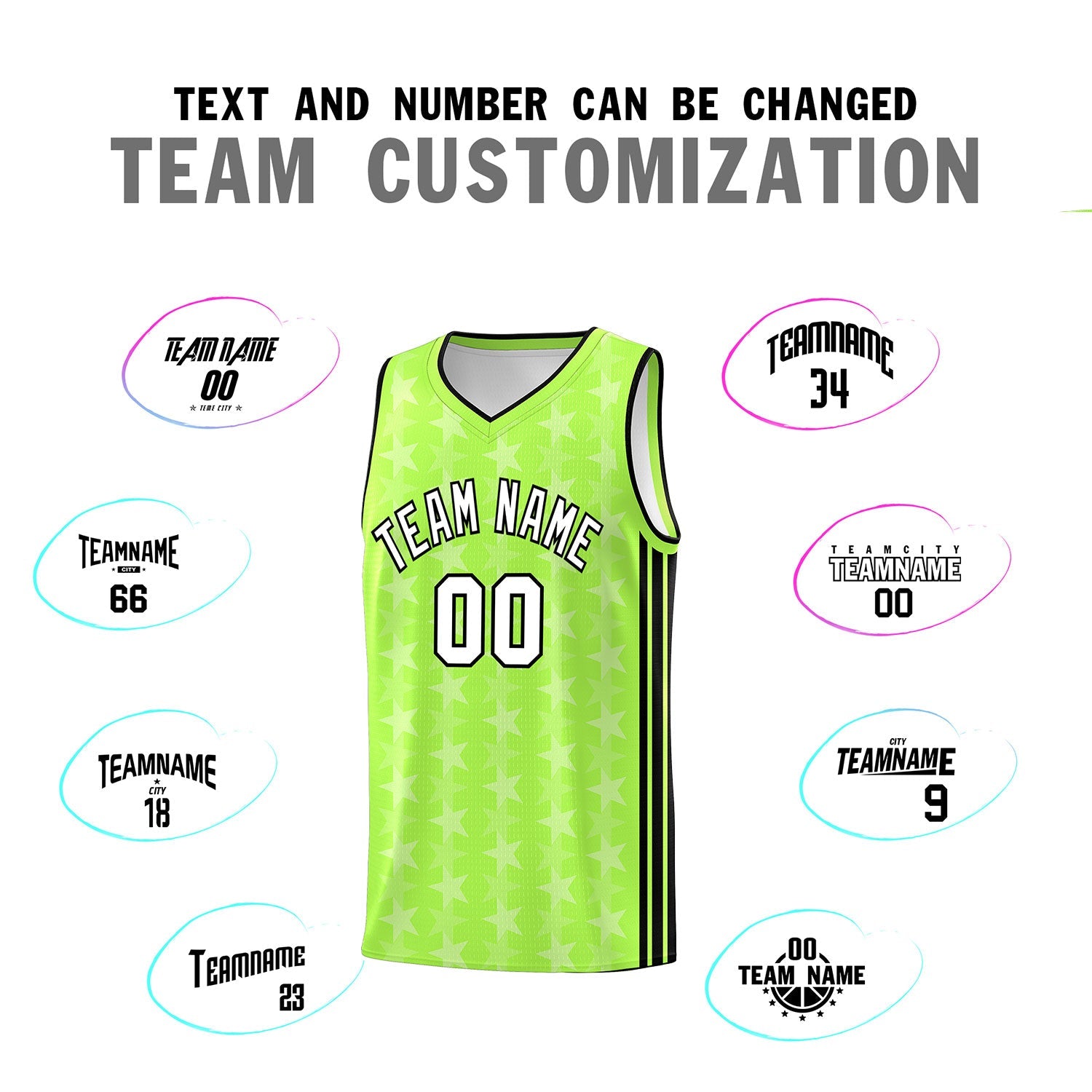 Custom Neon Green White Star Graffiti Pattern Sets Sports Uniform Basketball Jersey