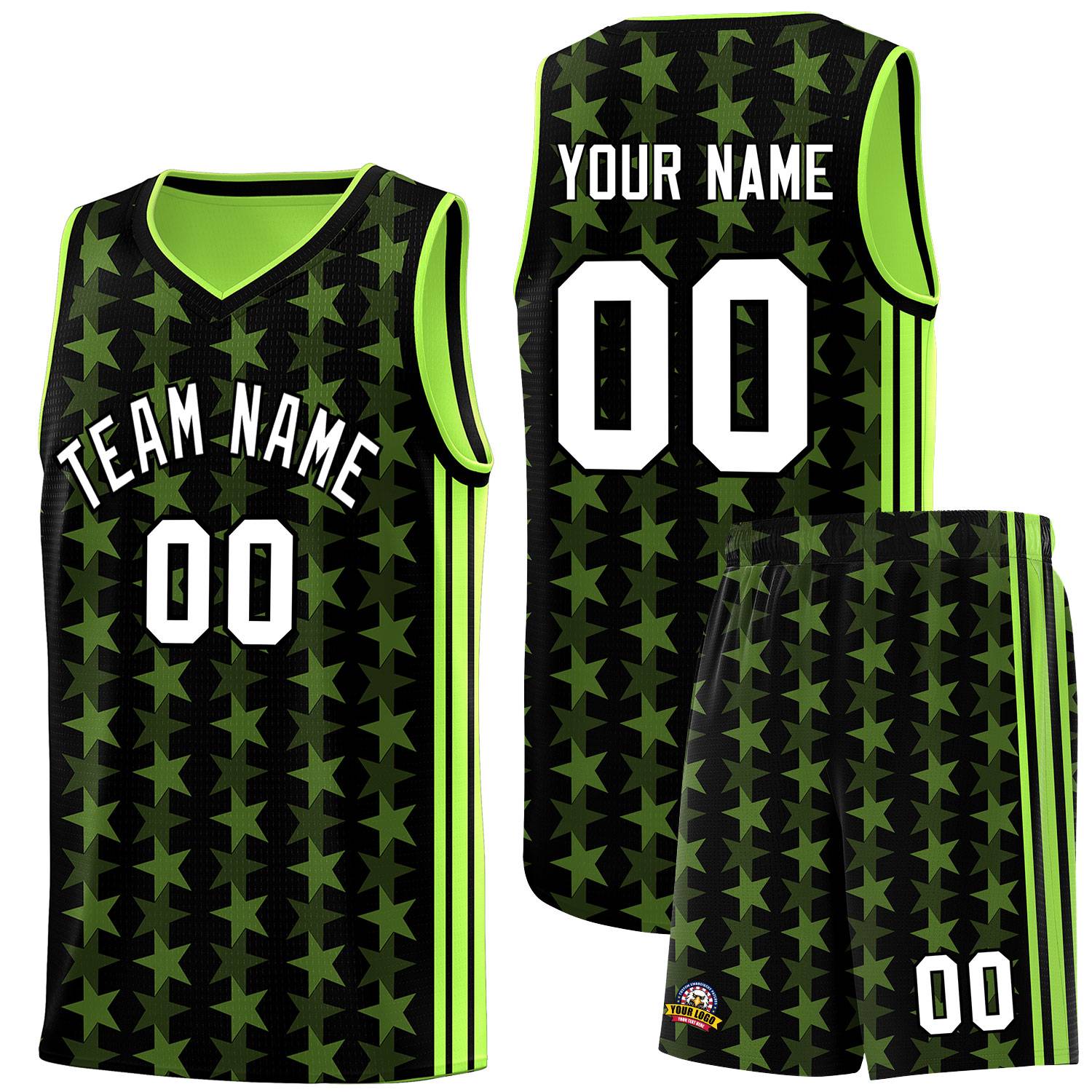 Custom Black Neon Green Star Graffiti Pattern Sets Sports Uniform Basketball Jersey