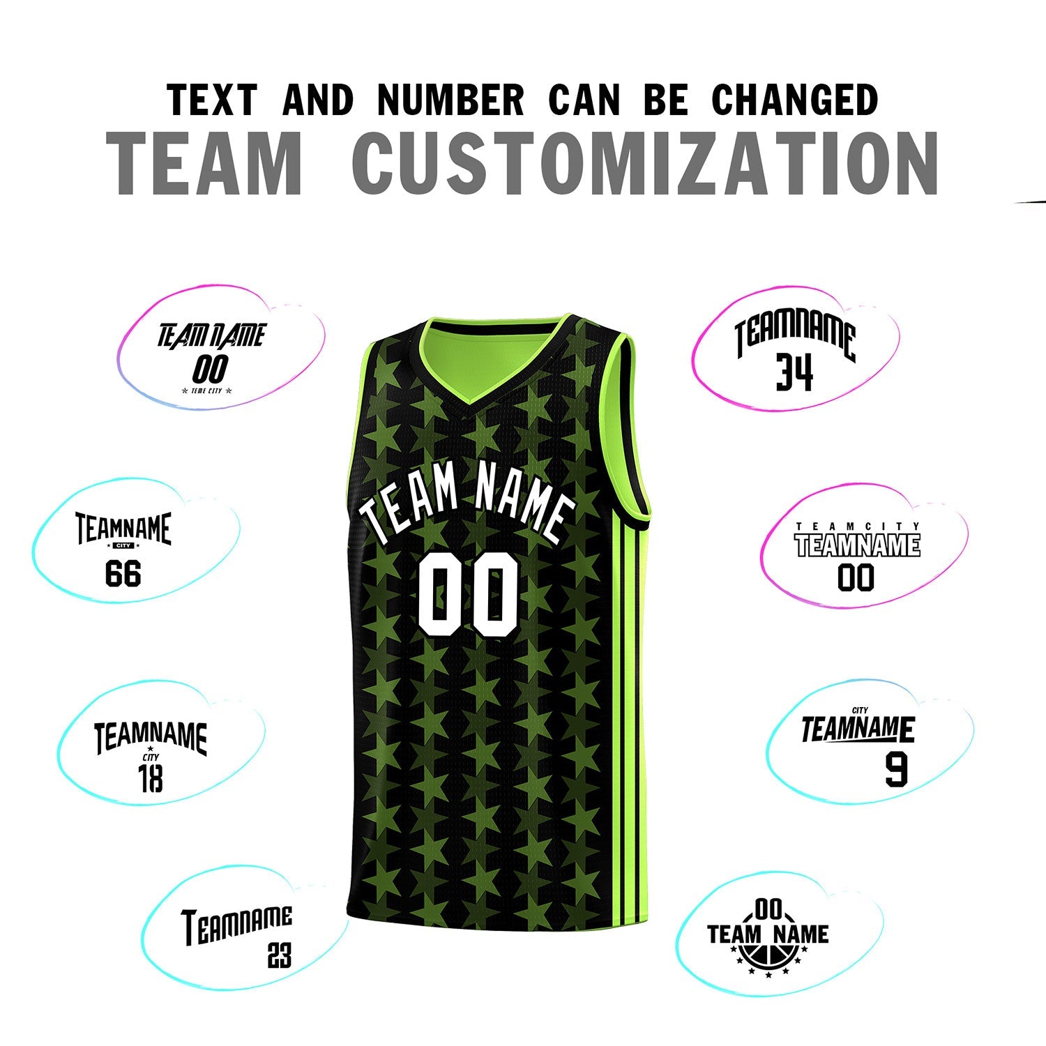 Custom Black Neon Green Star Graffiti Pattern Sets Sports Uniform Basketball Jersey