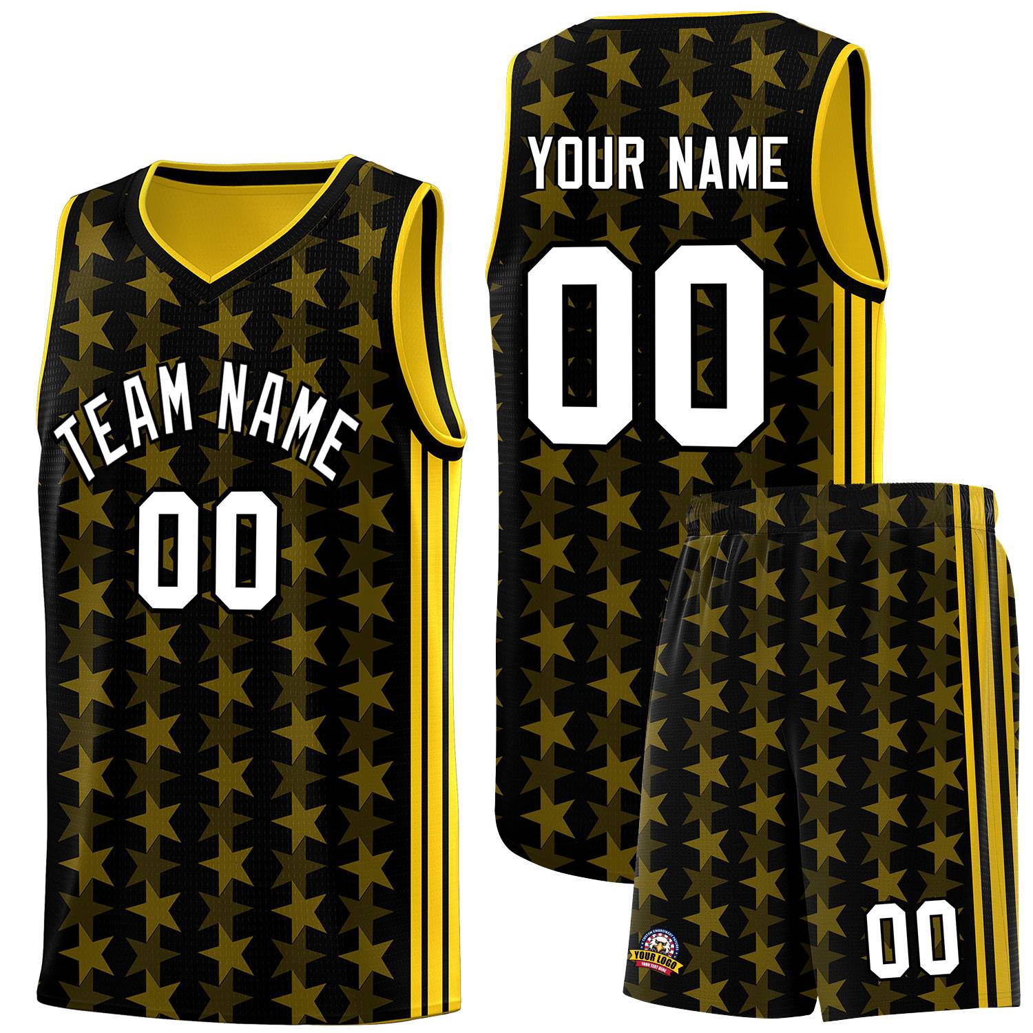 Custom Black Gold Star Graffiti Pattern Sets Sports Uniform Basketball Jersey