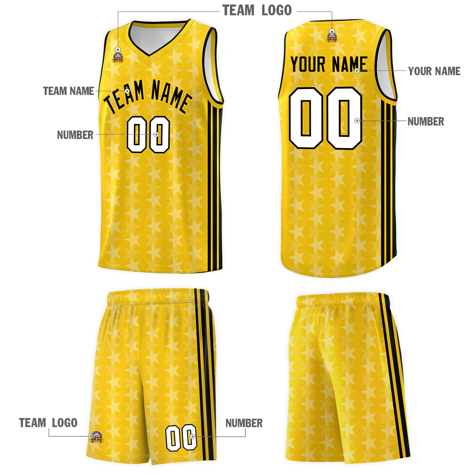 Custom Gold White Star Graffiti Pattern Sets Sports Uniform Basketball Jersey