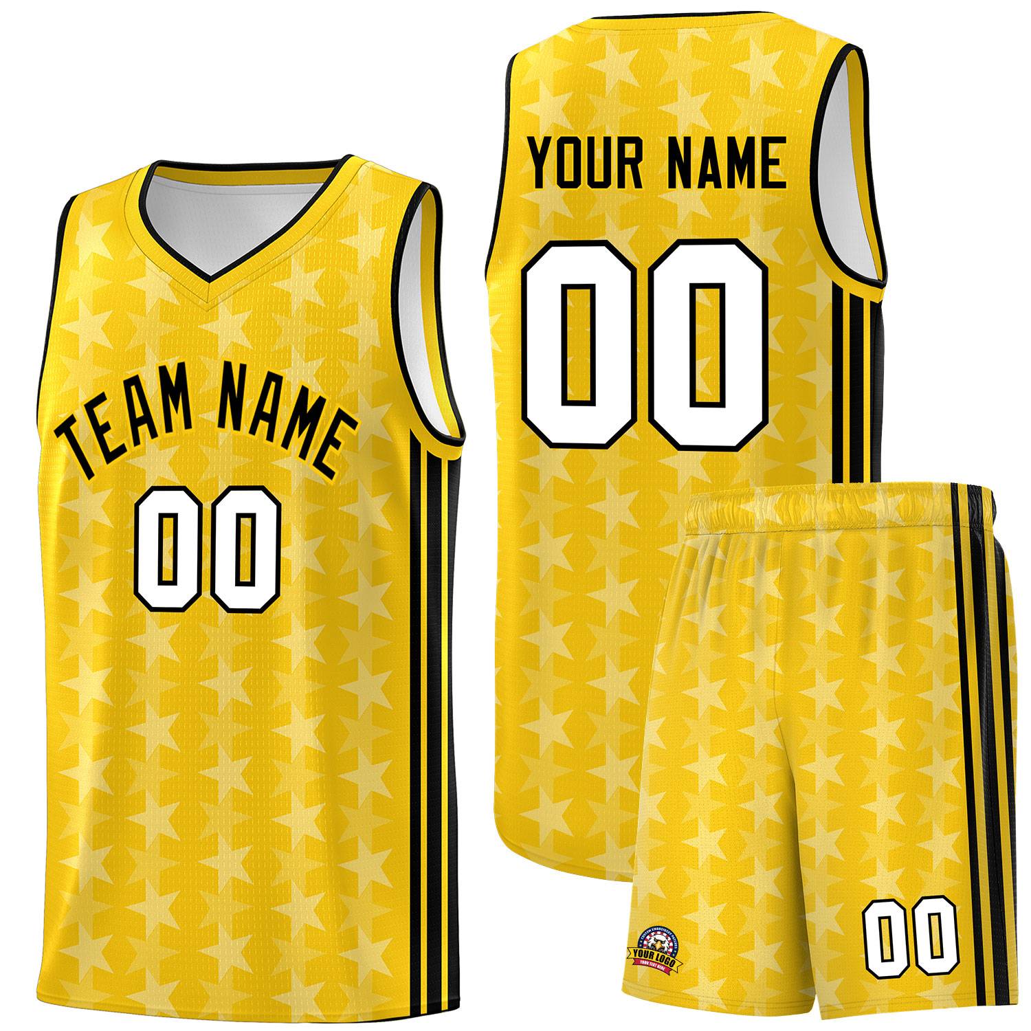 Custom Gold White Star Graffiti Pattern Sets Sports Uniform Basketball Jersey