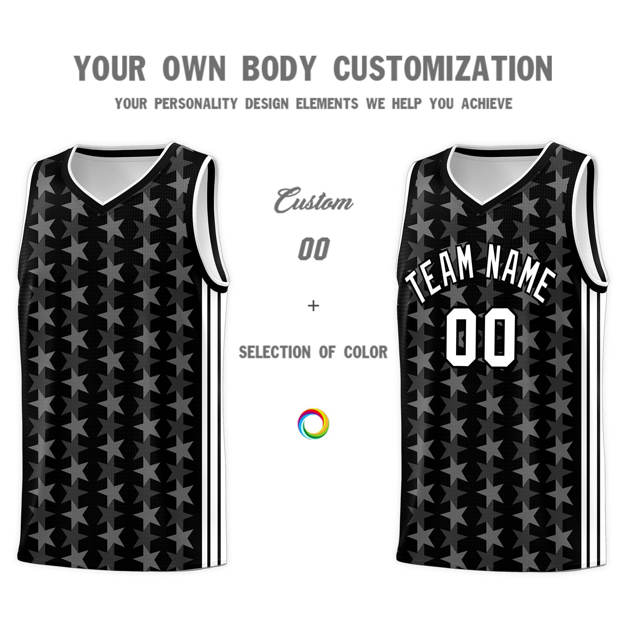 Custom Black White Star Graffiti Pattern Sets Sports Uniform Basketball Jersey