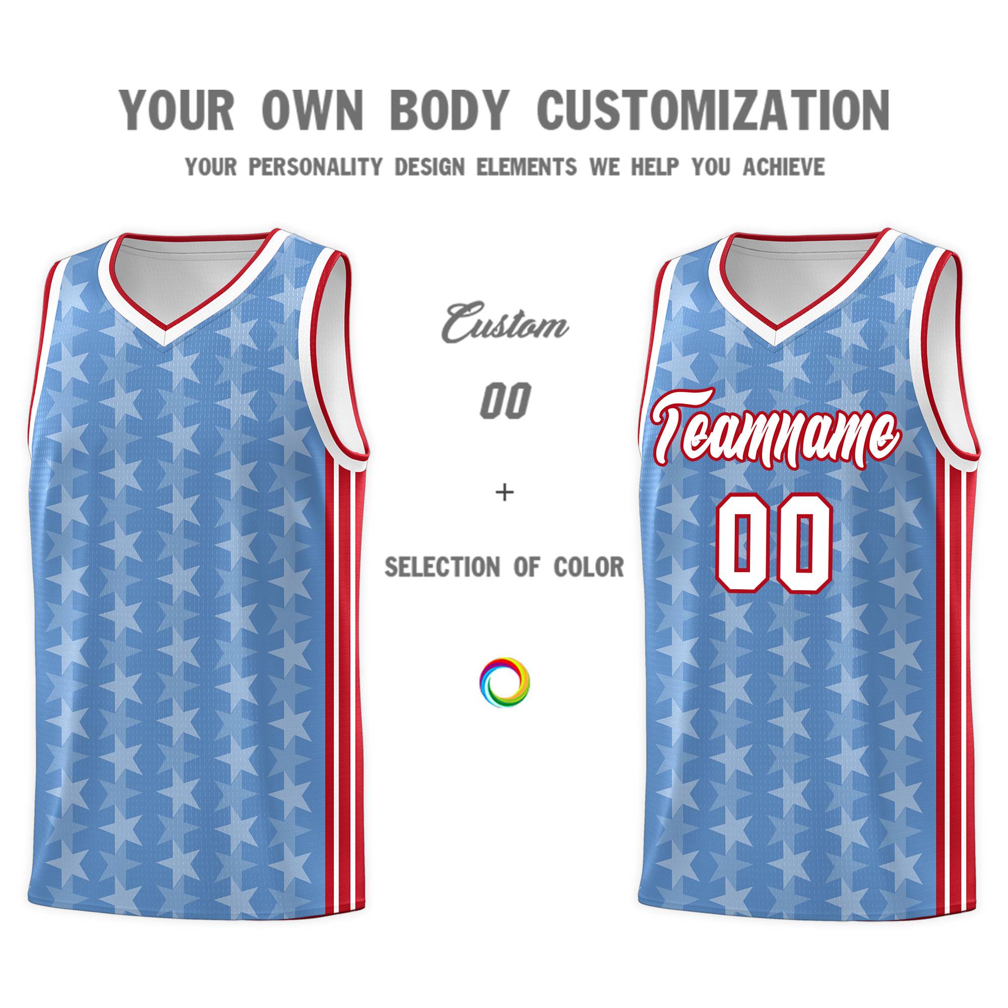 Custom Light Blue White Star Graffiti Pattern Sets Sports Uniform Basketball Jersey