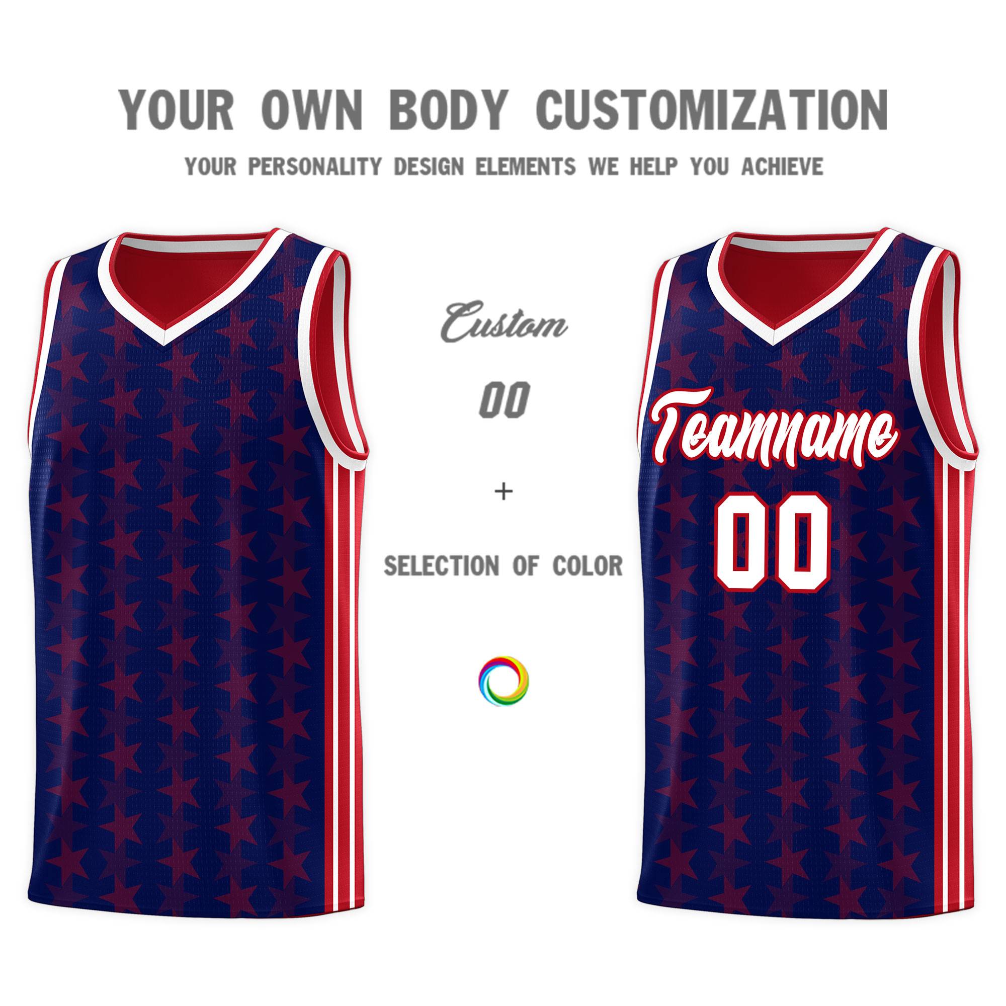 Custom Navy Red Star Graffiti Pattern Sets Sports Uniform Basketball Jersey