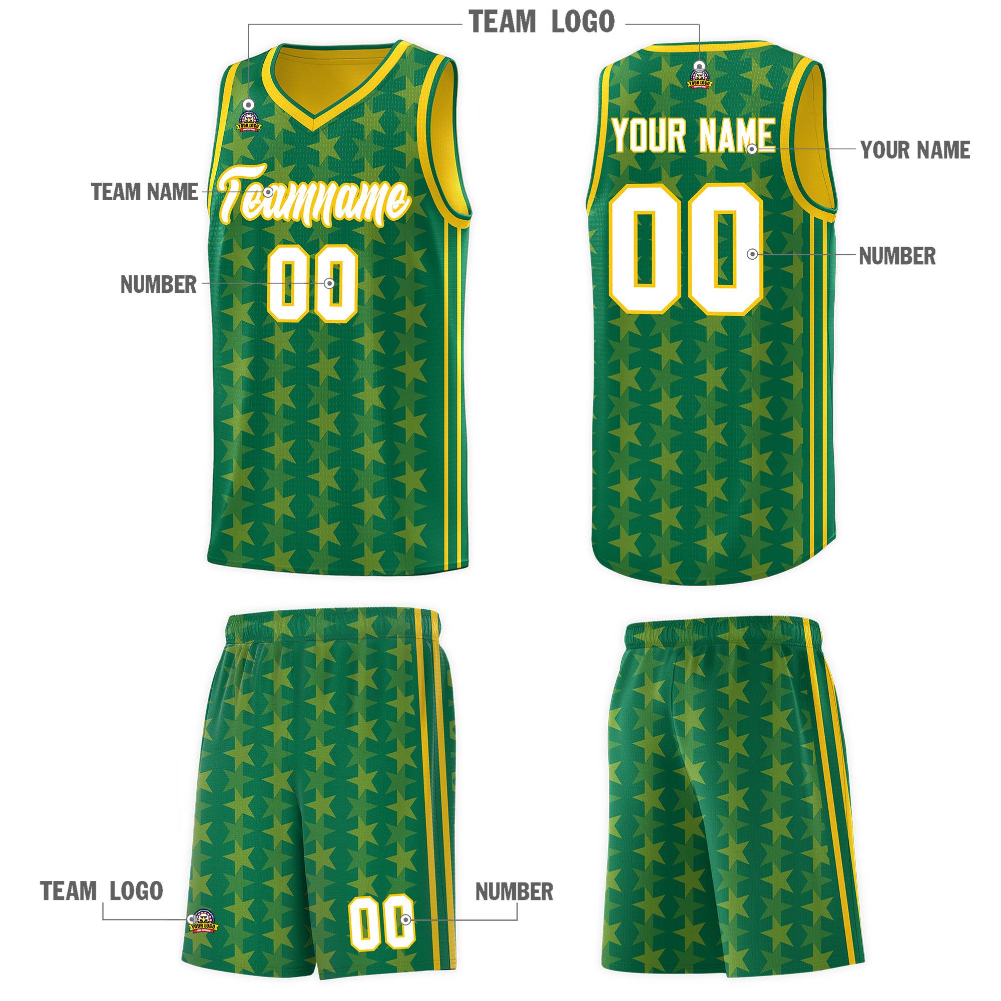 Custom Kelly Green Gold Star Graffiti Pattern Sets Sports Uniform Basketball Jersey