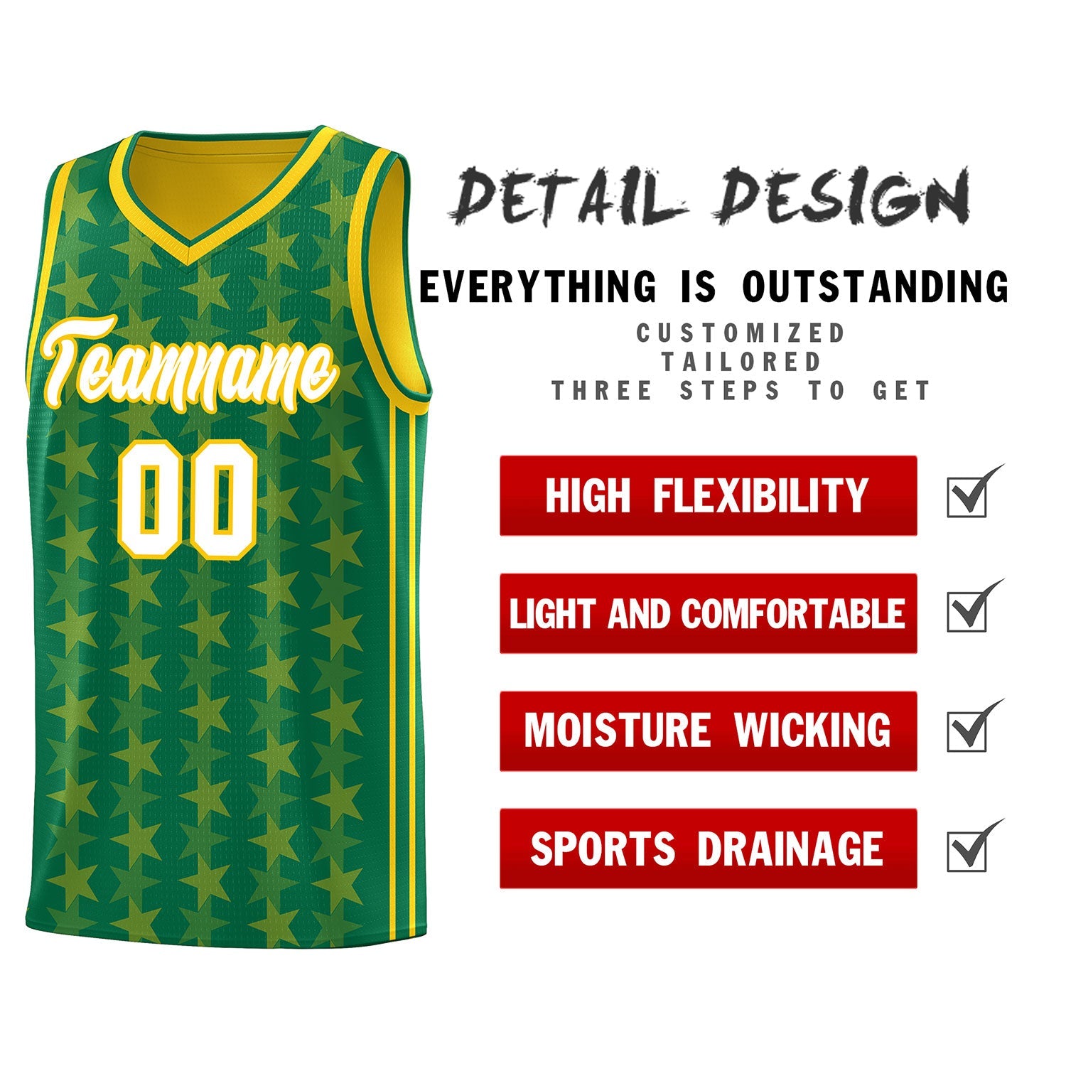 Custom Kelly Green Gold Star Graffiti Pattern Sets Sports Uniform Basketball Jersey