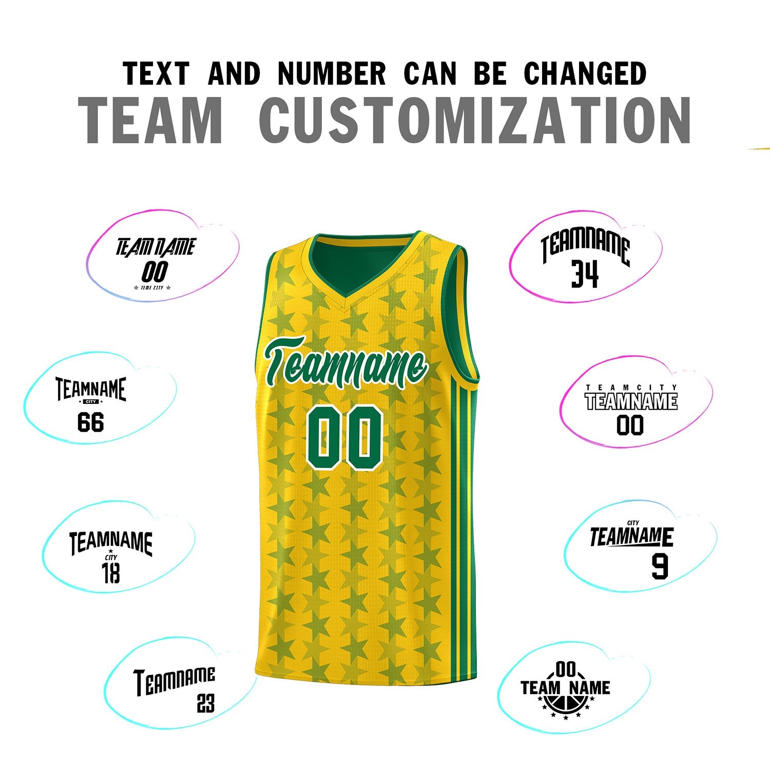 Custom Gold Kelly Green Star Graffiti Pattern Sets Sports Uniform Basketball Jersey