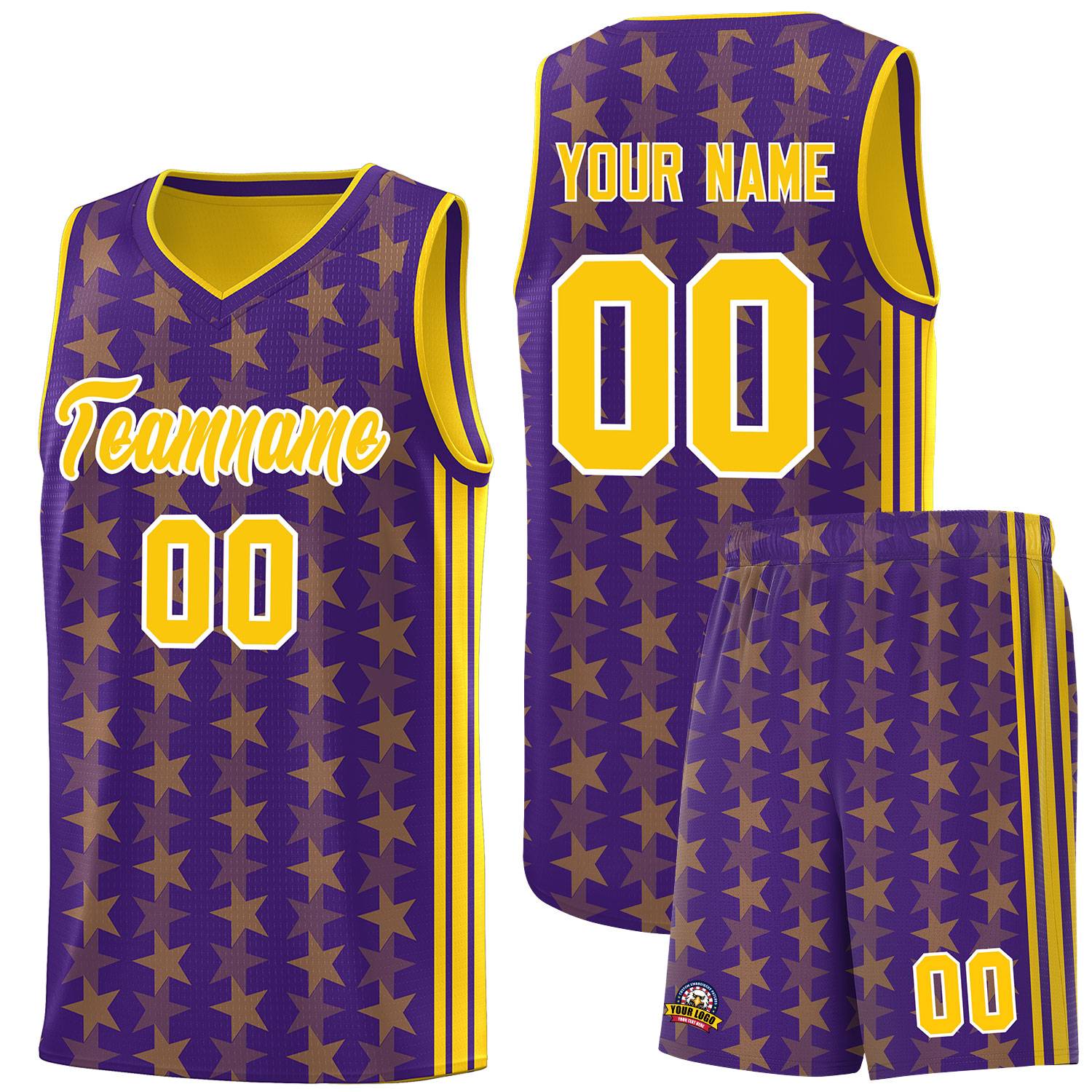 Custom Purple Gold Star Graffiti Pattern Sets Sports Uniform Basketball Jersey