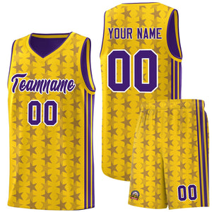 Custom Gold Purple Star Graffiti Pattern Sets Sports Uniform Basketball Jersey