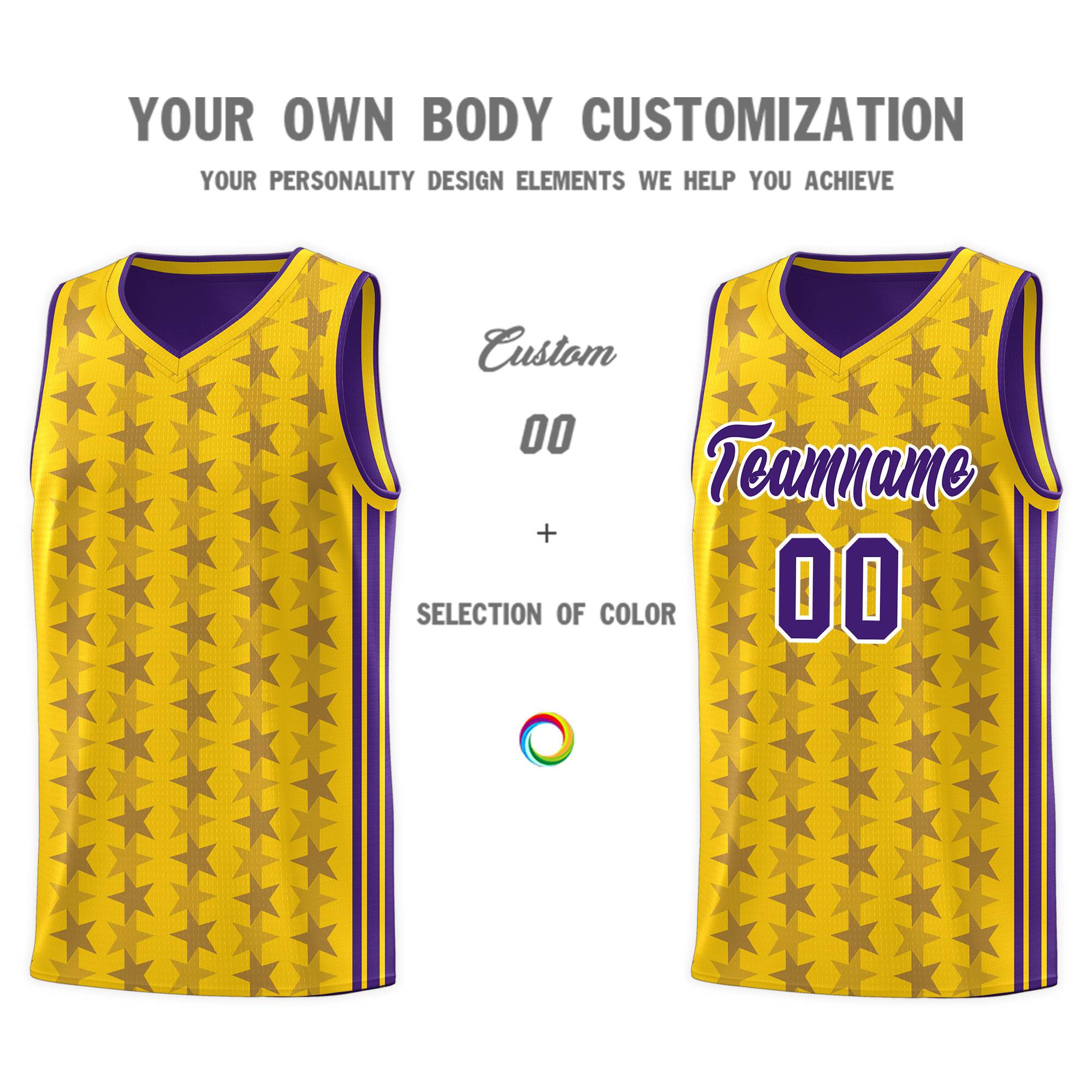 Custom Gold Purple Star Graffiti Pattern Sets Sports Uniform Basketball Jersey