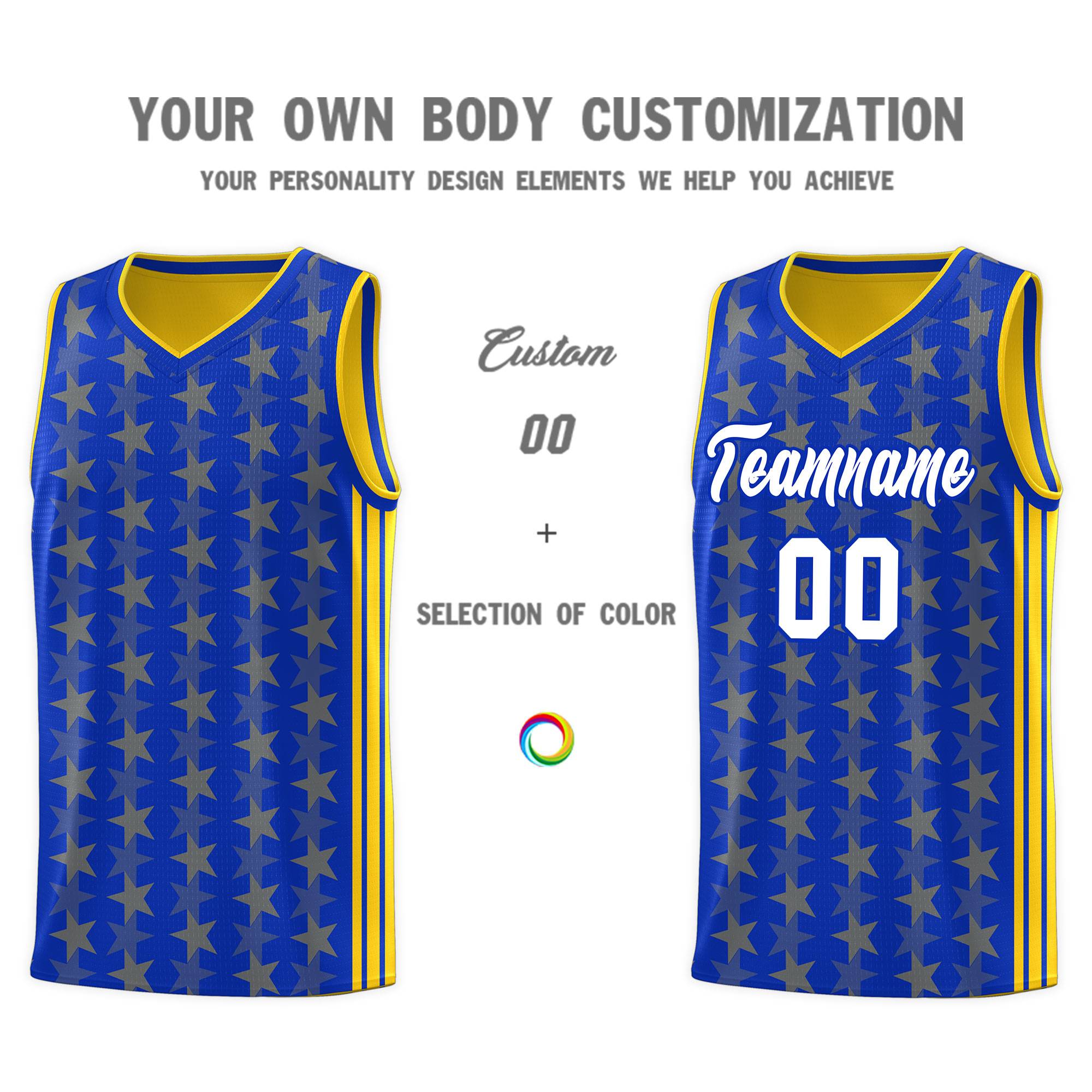 Custom Royal Gold Star Graffiti Pattern Sets Sports Uniform Basketball Jersey