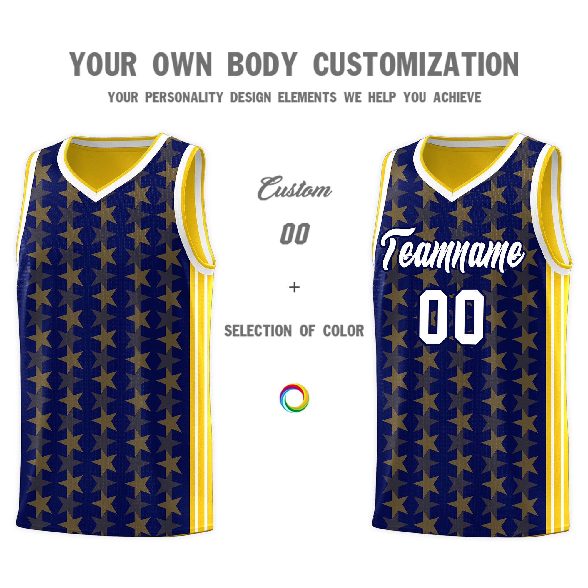 Custom Navy Gold Star Graffiti Pattern Sets Sports Uniform Basketball Jersey