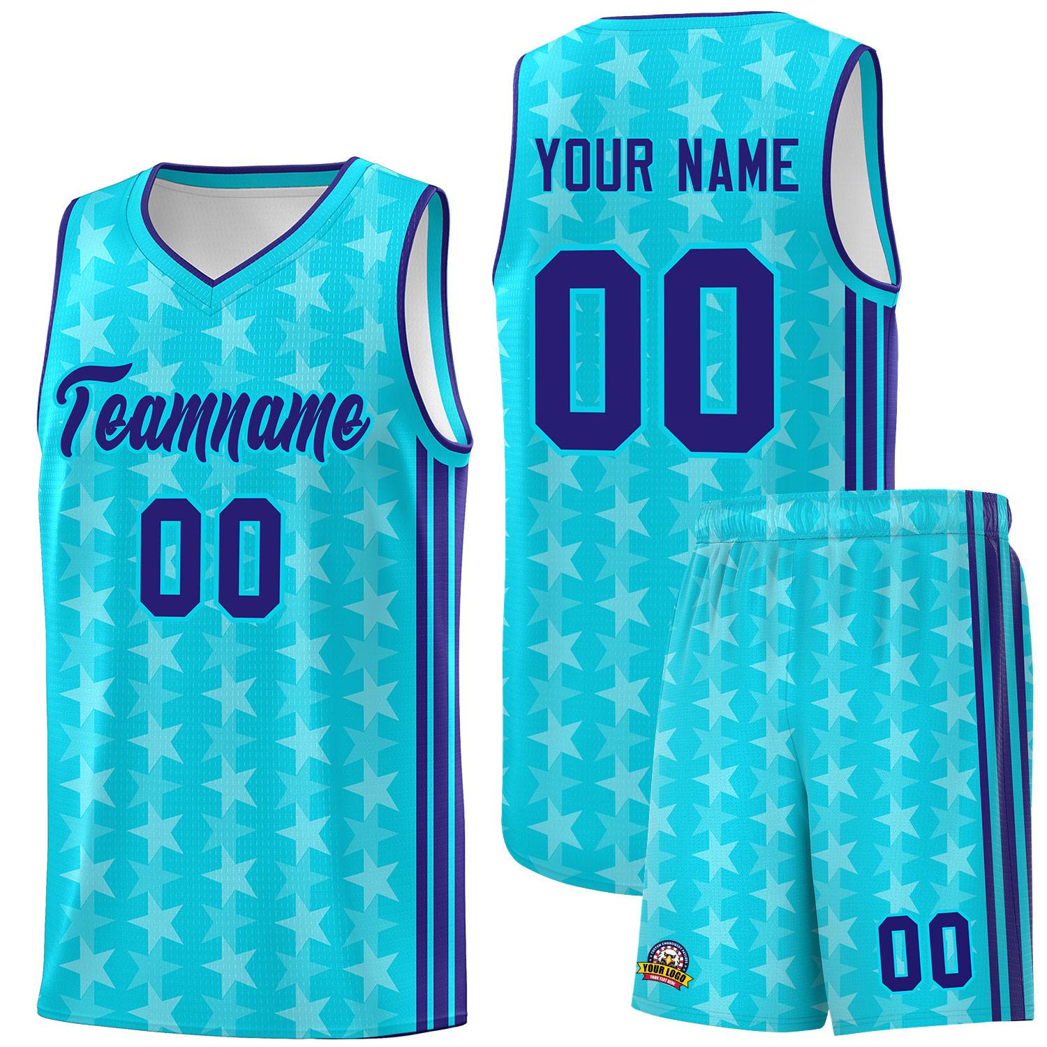 Custom Sky Blue White Star Graffiti Pattern Sets Sports Uniform Basketball Jersey