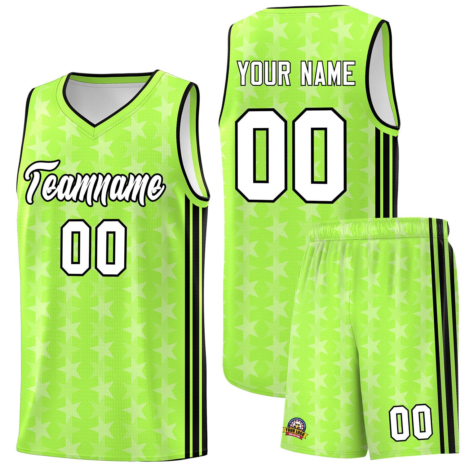 Custom Neon Green White Star Graffiti Pattern Sets Sports Uniform Basketball Jersey