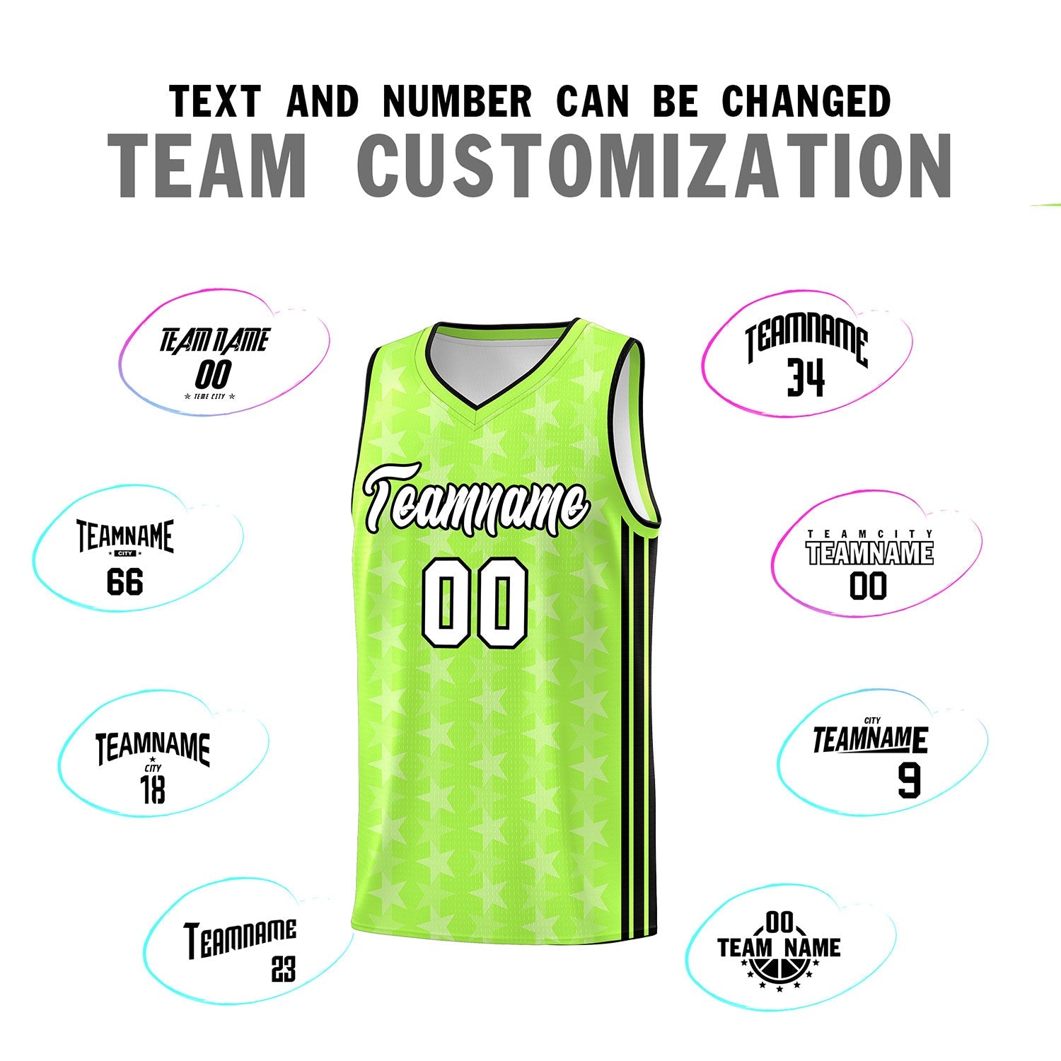 Custom Neon Green White Star Graffiti Pattern Sets Sports Uniform Basketball Jersey