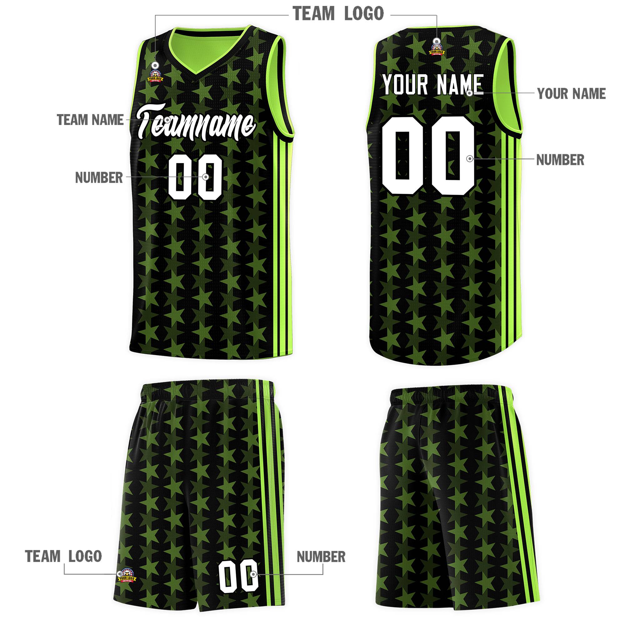 Custom Black Neon Green Star Graffiti Pattern Sets Sports Uniform Basketball Jersey