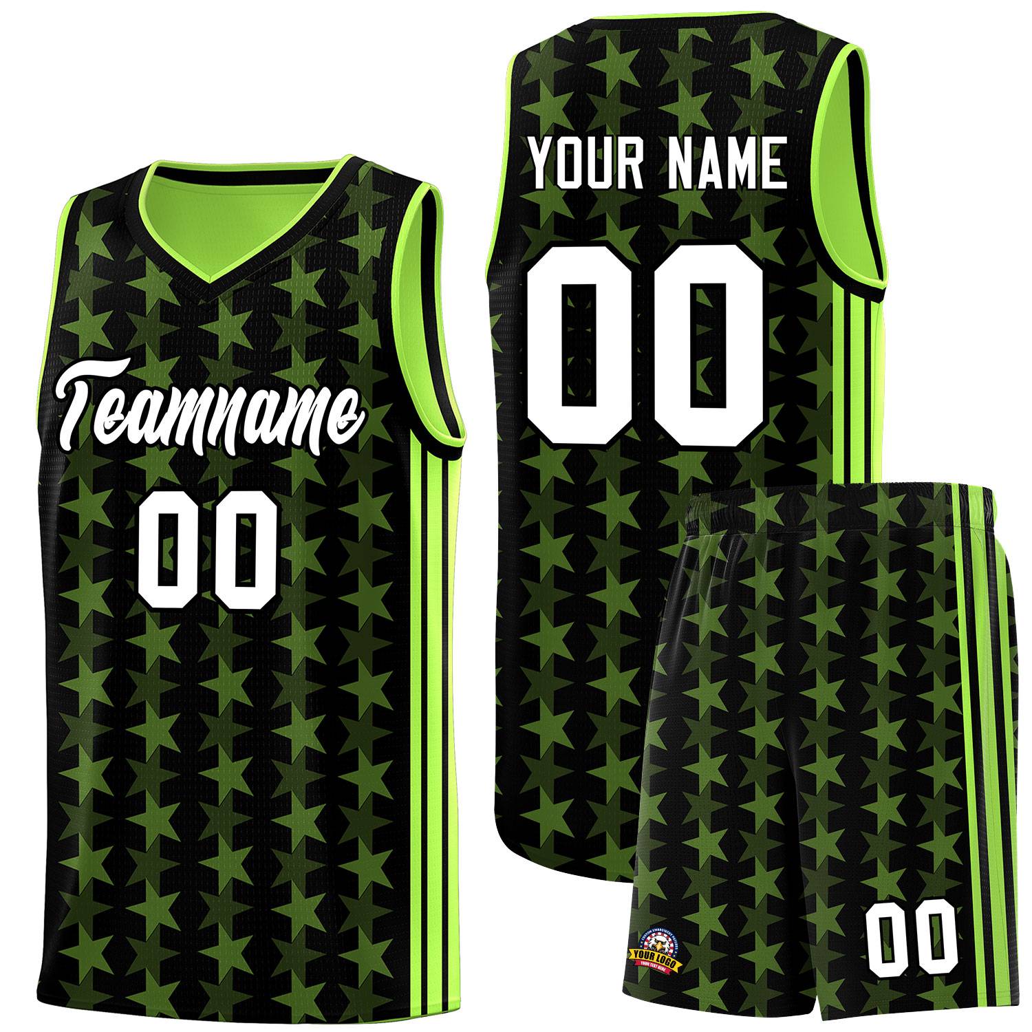 Custom Black Neon Green Star Graffiti Pattern Sets Sports Uniform Basketball Jersey