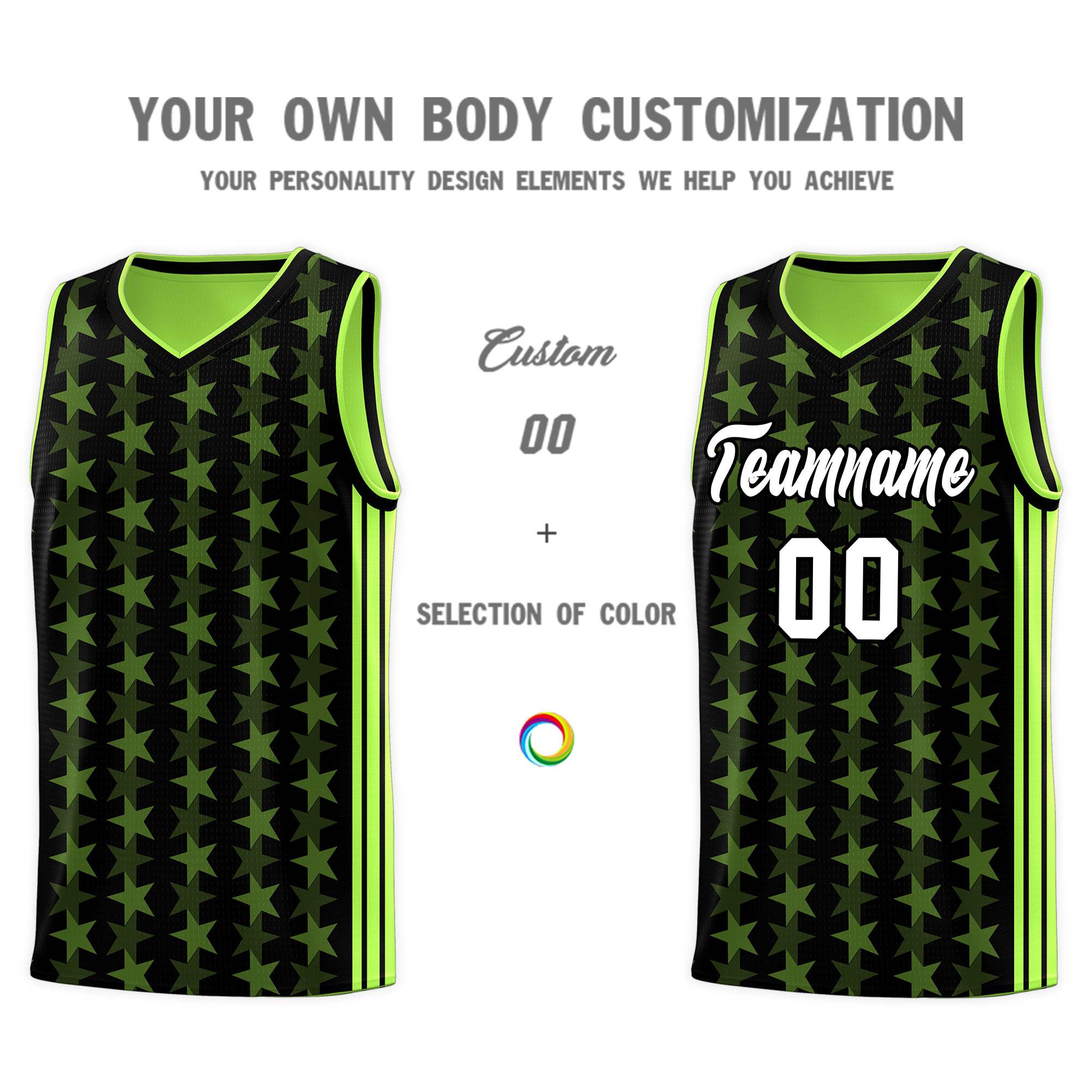 Custom Black Neon Green Star Graffiti Pattern Sets Sports Uniform Basketball Jersey