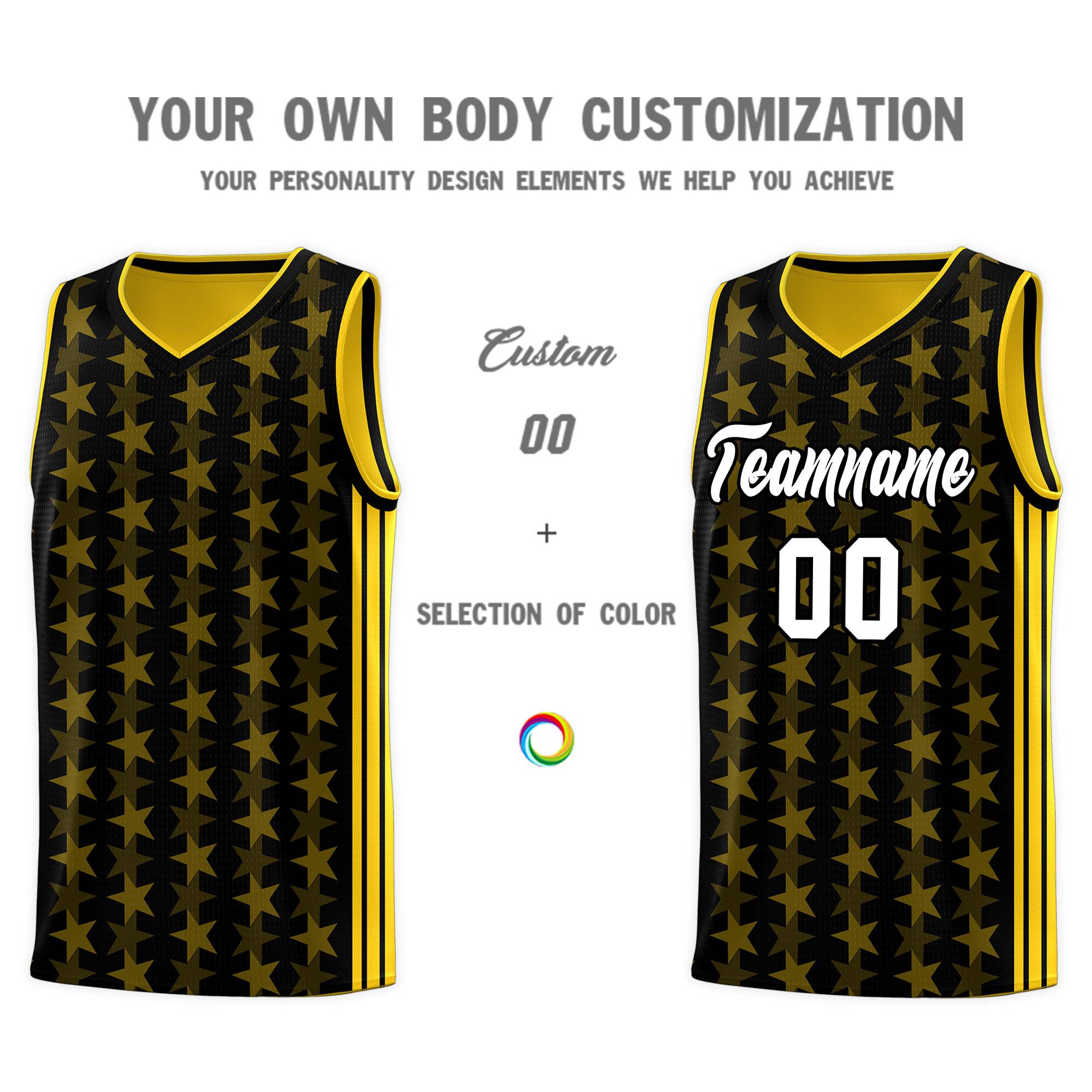 Custom Black Gold Star Graffiti Pattern Sets Sports Uniform Basketball Jersey