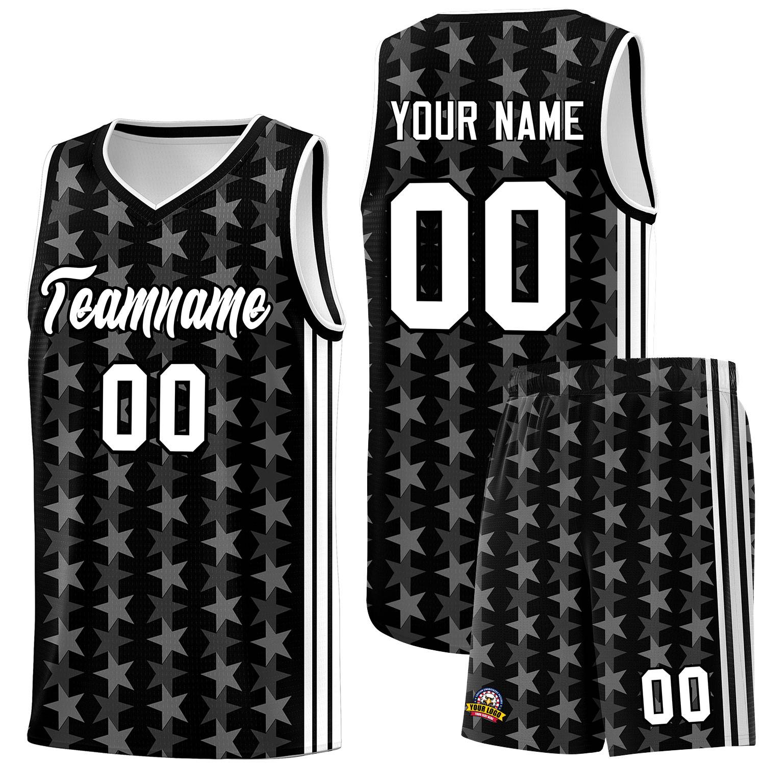 Custom Black White Star Graffiti Pattern Sets Sports Uniform Basketball Jersey