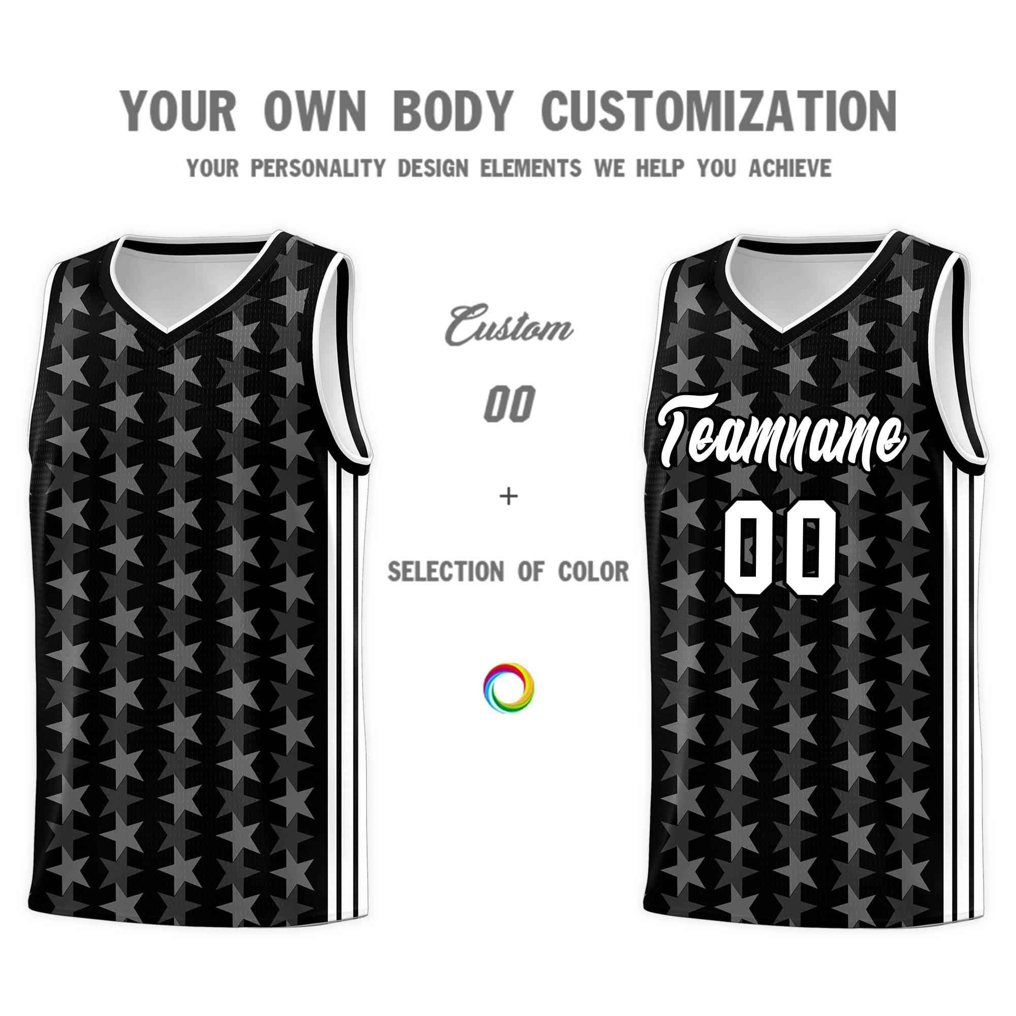 Custom Black White Star Graffiti Pattern Sets Sports Uniform Basketball Jersey