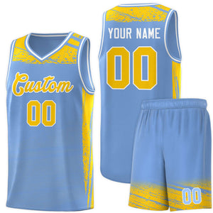 Custom Light Blue Yellow Graffiti Pattern Sports Uniform Basketball Jersey