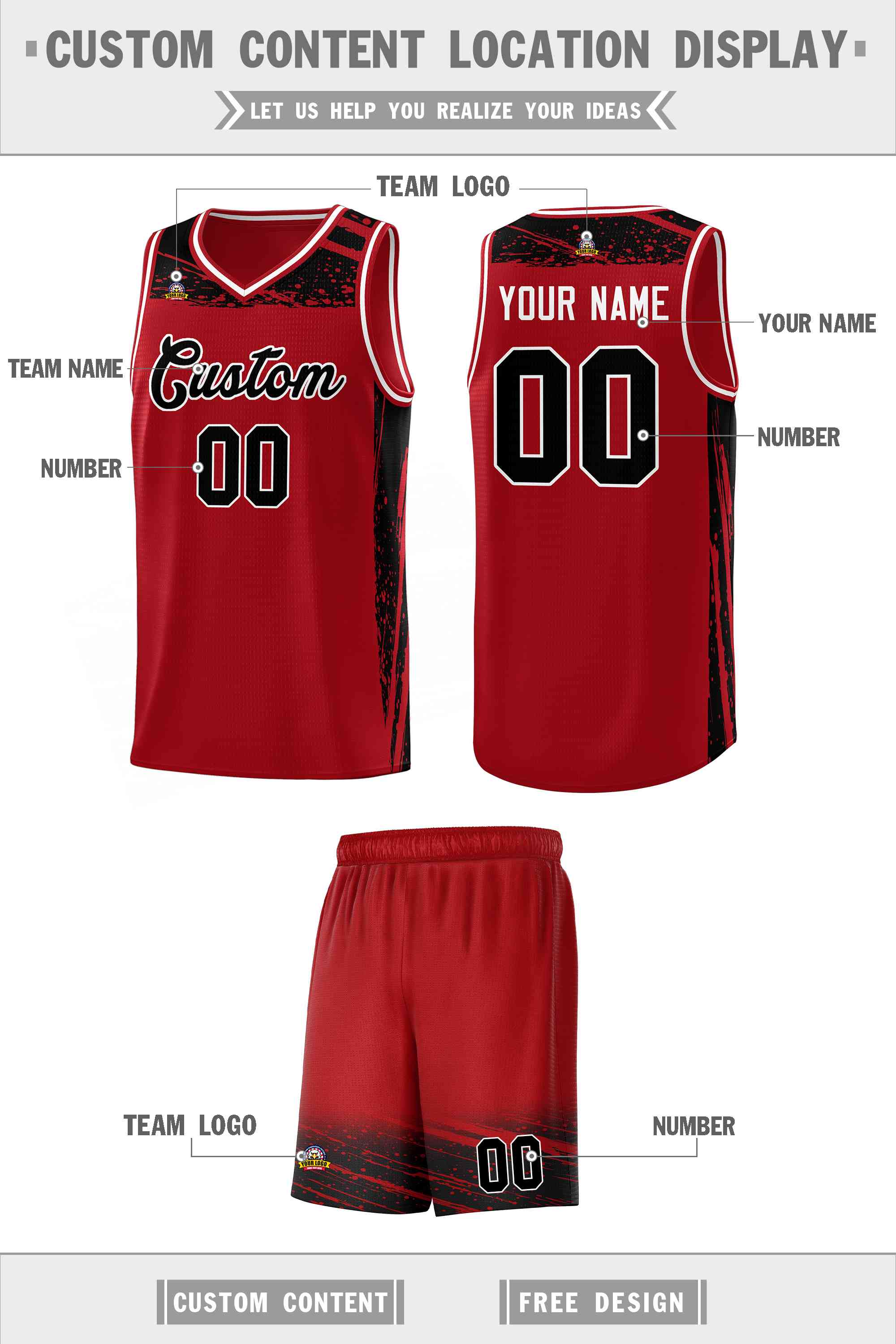 Custom Red Black Graffiti Pattern Sports Uniform Basketball Jersey