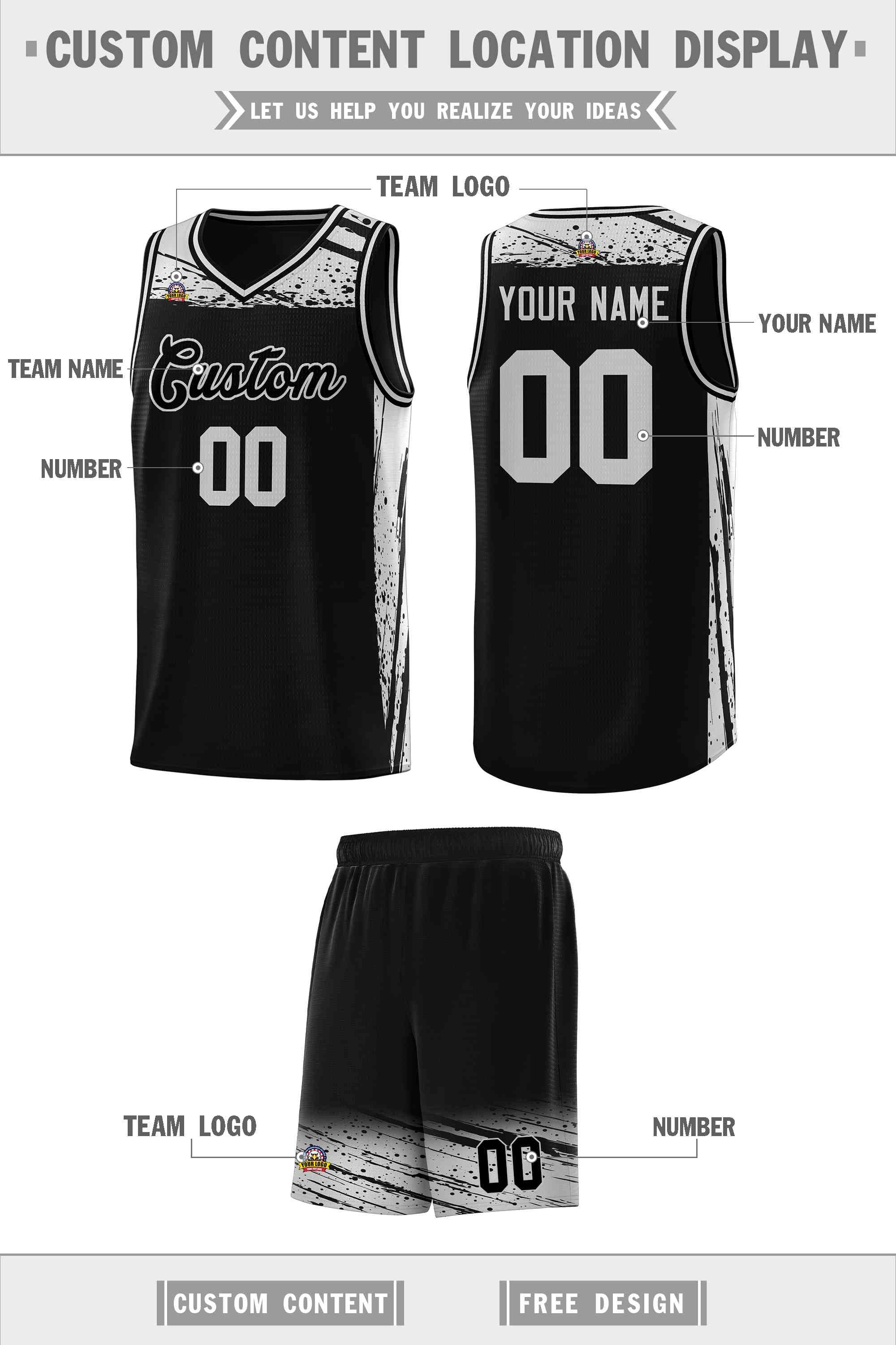 Custom Black Gray Graffiti Pattern Sports Uniform Basketball Jersey