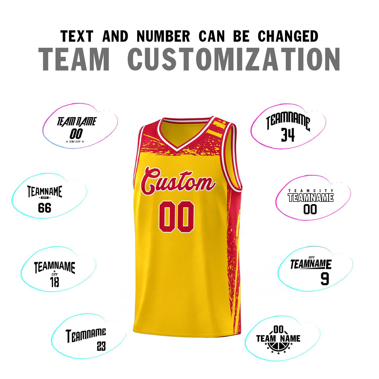 Custom Yellow Red Graffiti Pattern Sports Uniform Basketball Jersey